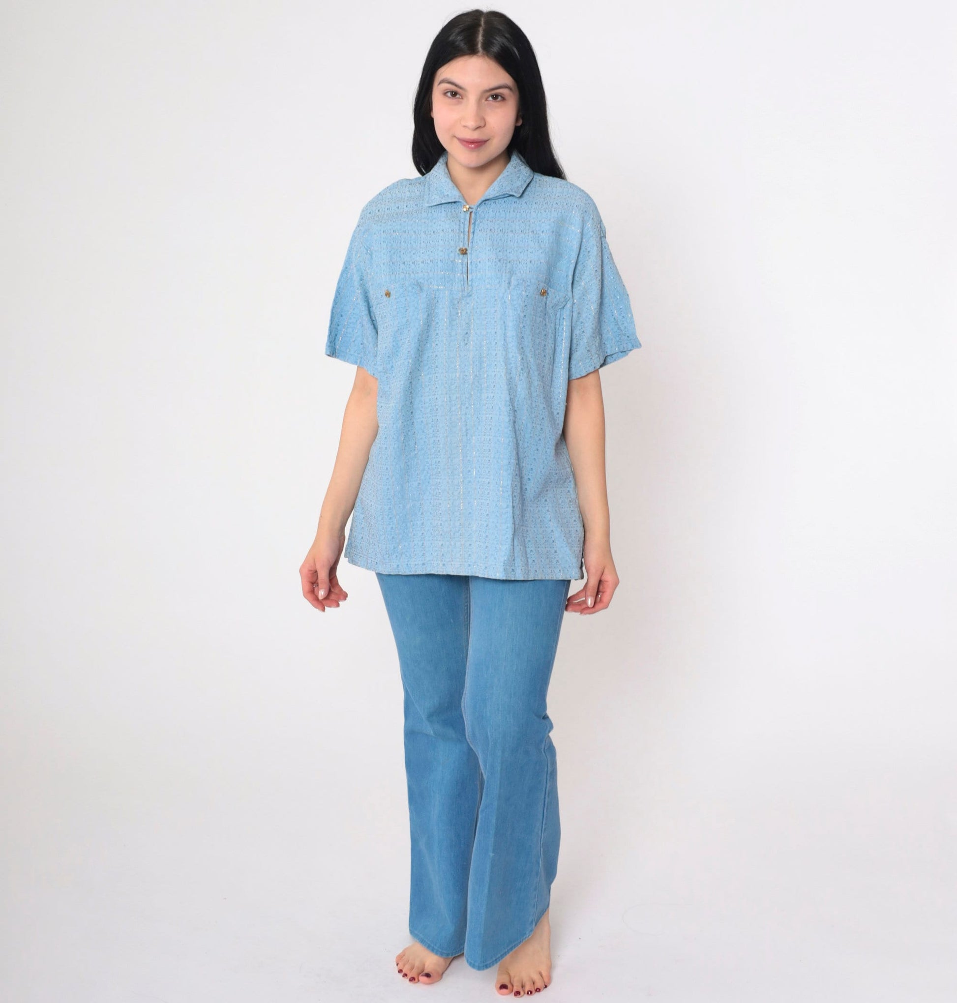 70s Baby Blue Metallic Polo Shirt Short Sleeve Collared Top Large L