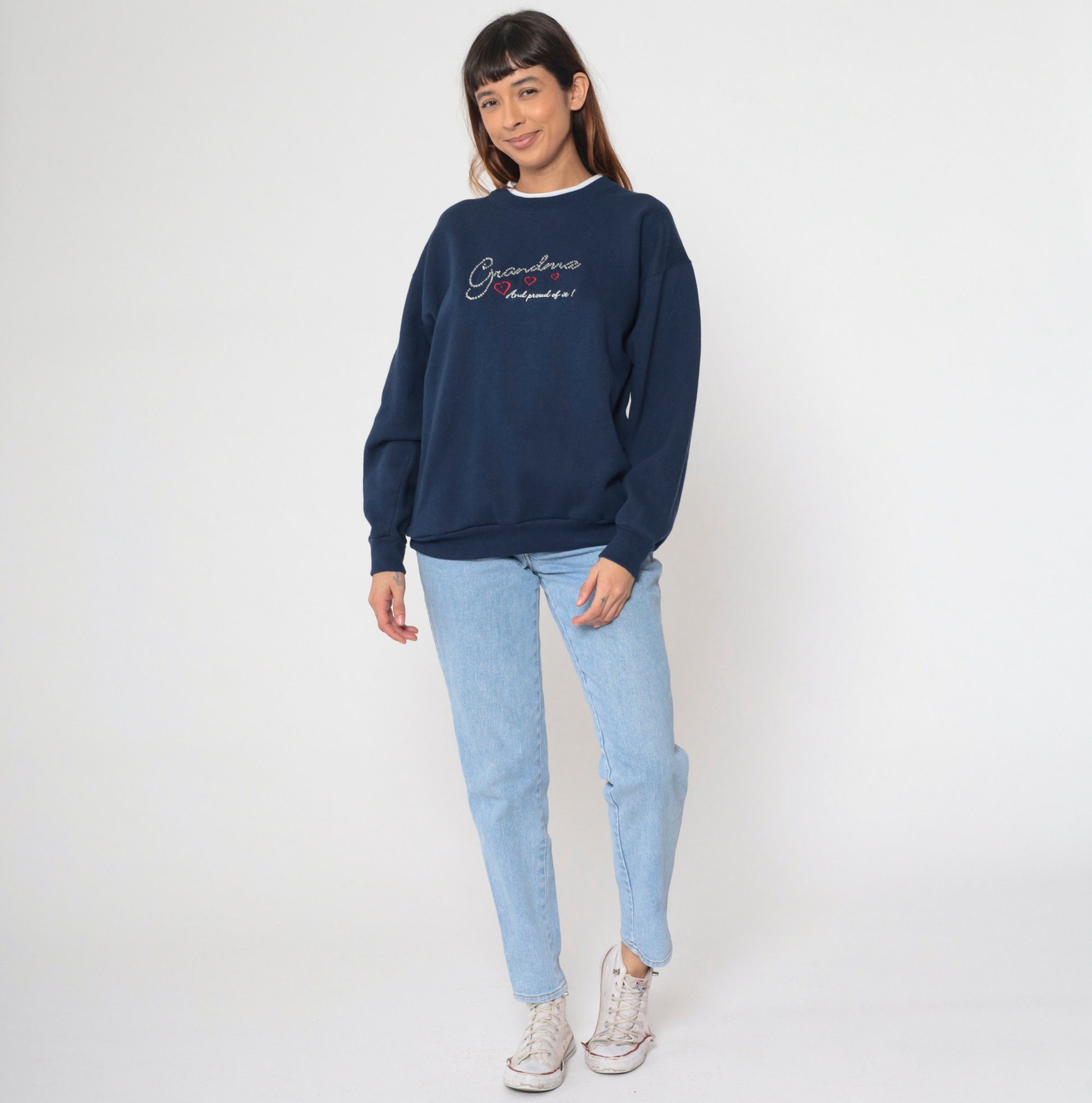 90s Grandma Rhinestone Navy Sweatshirt Embroidered Hearts Double Collar Large Petite