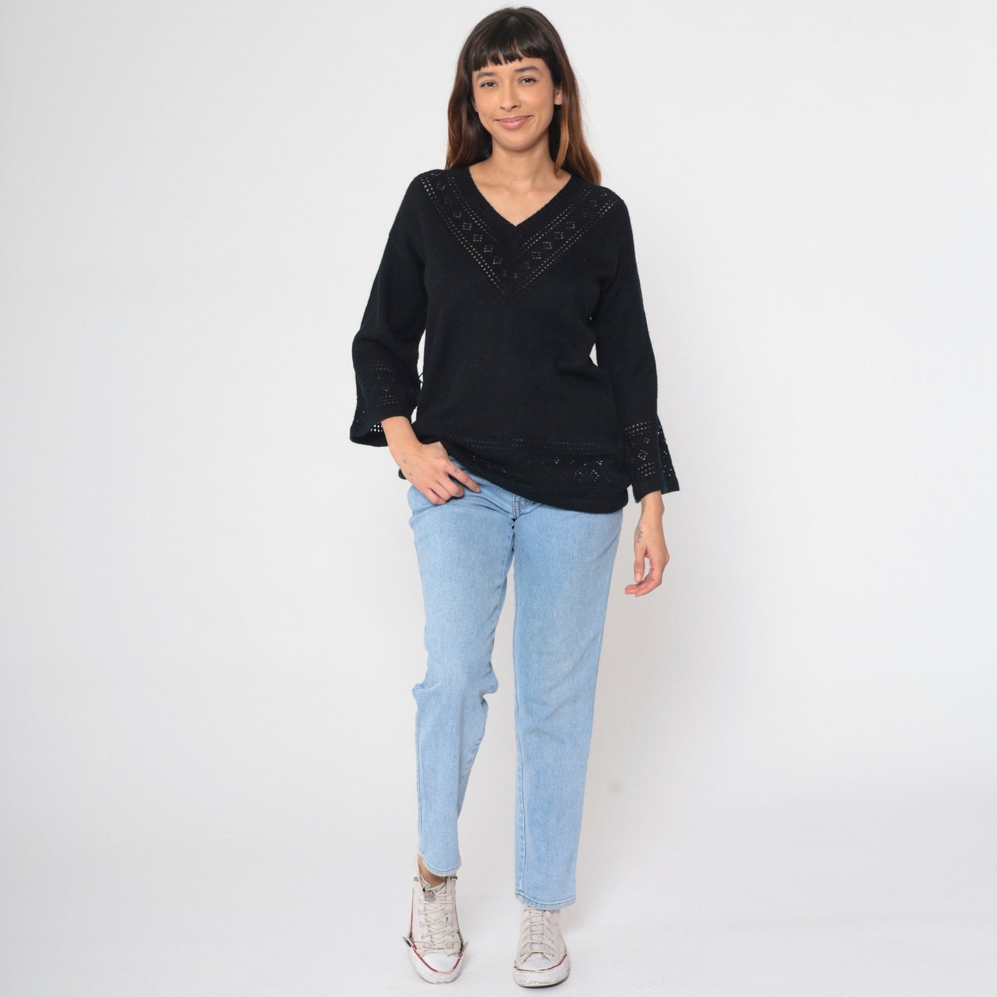 80s Black Cutwork Sweater Bell Sleeve V Neck Knit Pullover Large L