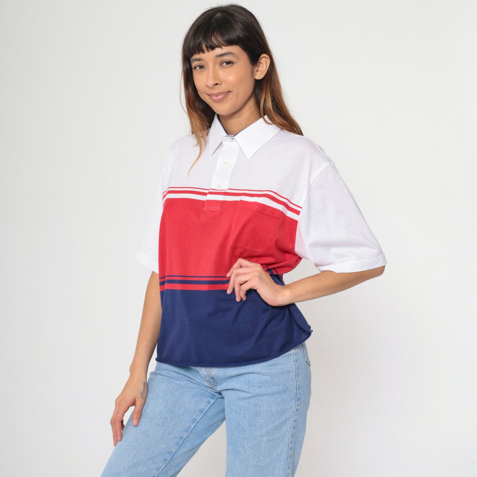 90s Polo Shirt Navy Red White Color Block Short Sleeve Chest Pocket Extra Large XL