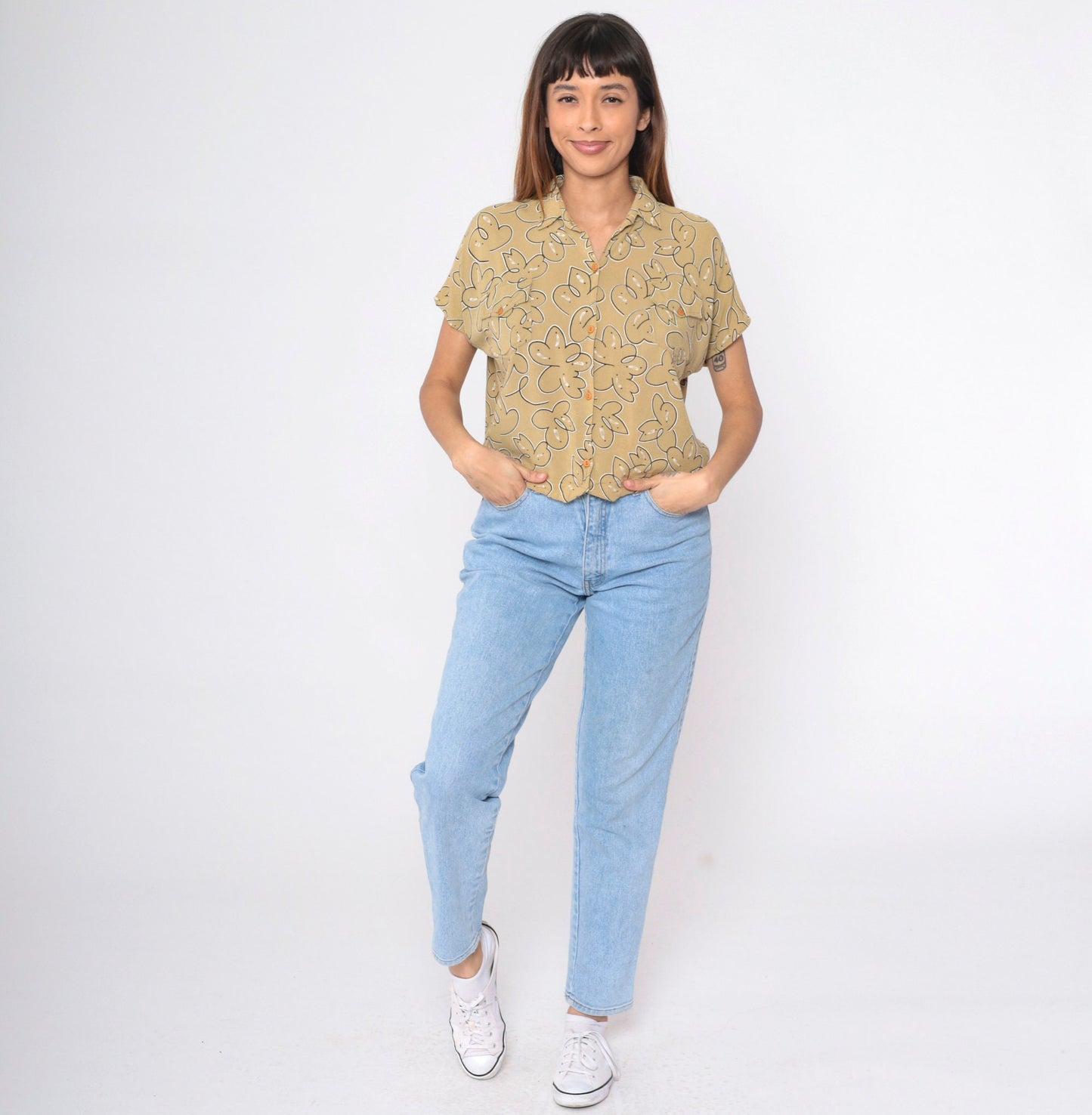 90s Abstract Floral Button-Up Blouse Mustard Short Sleeve Medium