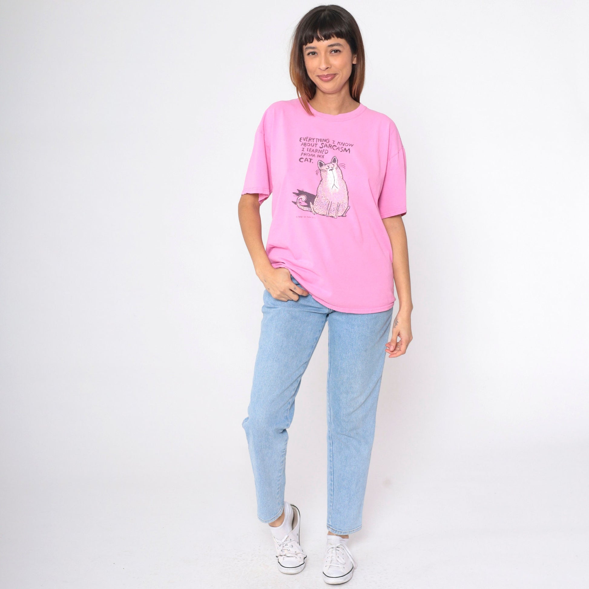 00s Cat Graphic T-Shirt Sarcasm Joke Pink Cotton Tee Large
