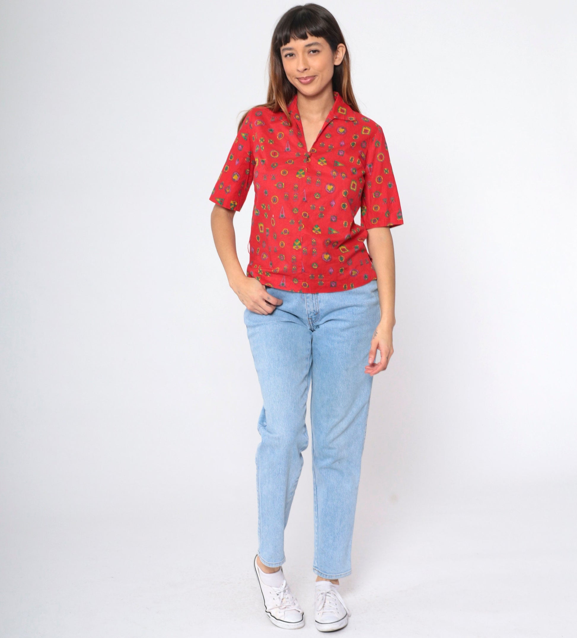 70s Heraldic Crest Print Blouse Red Collegiate Military V-Neck Small S