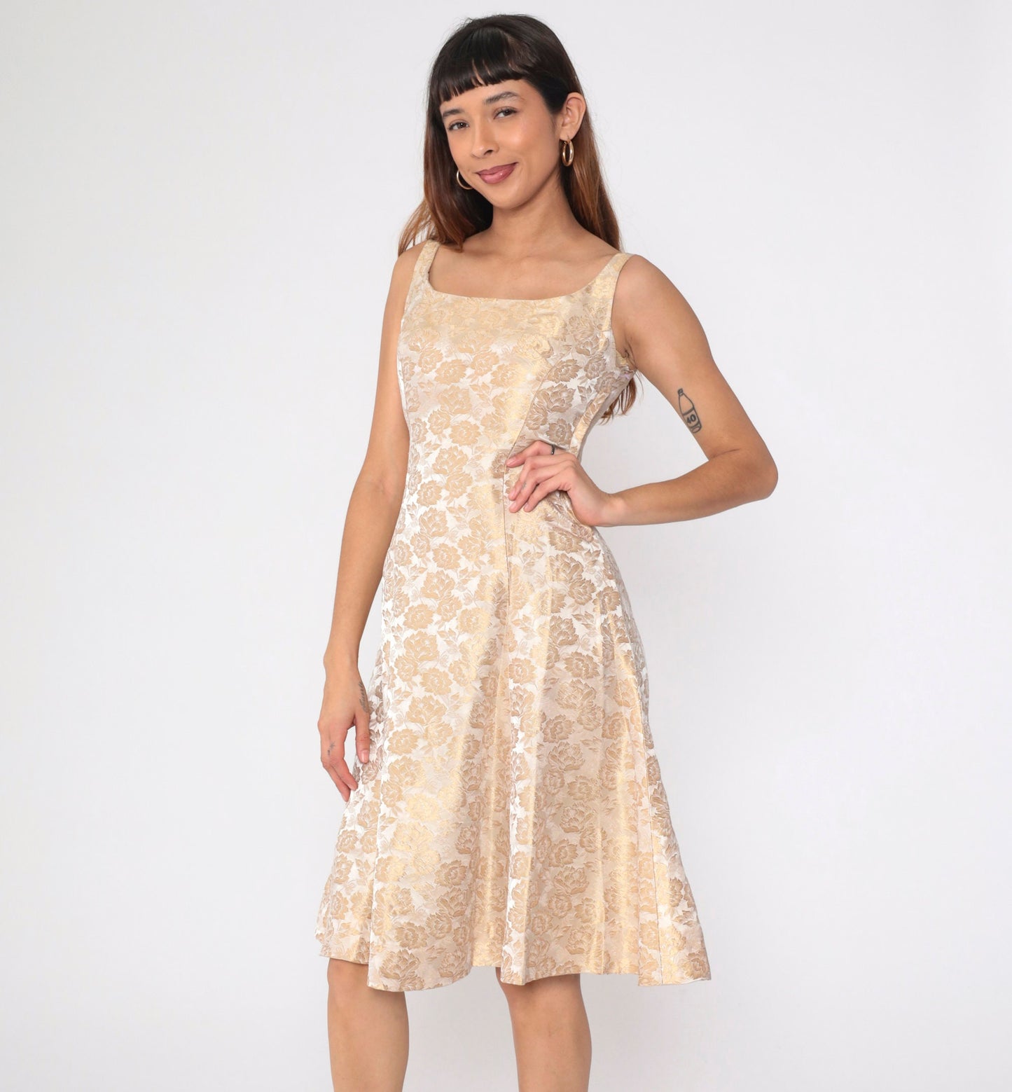 60s Metallic Champagne Floral Brocade Dress Sleeveless Fit Flare Knee Length Small