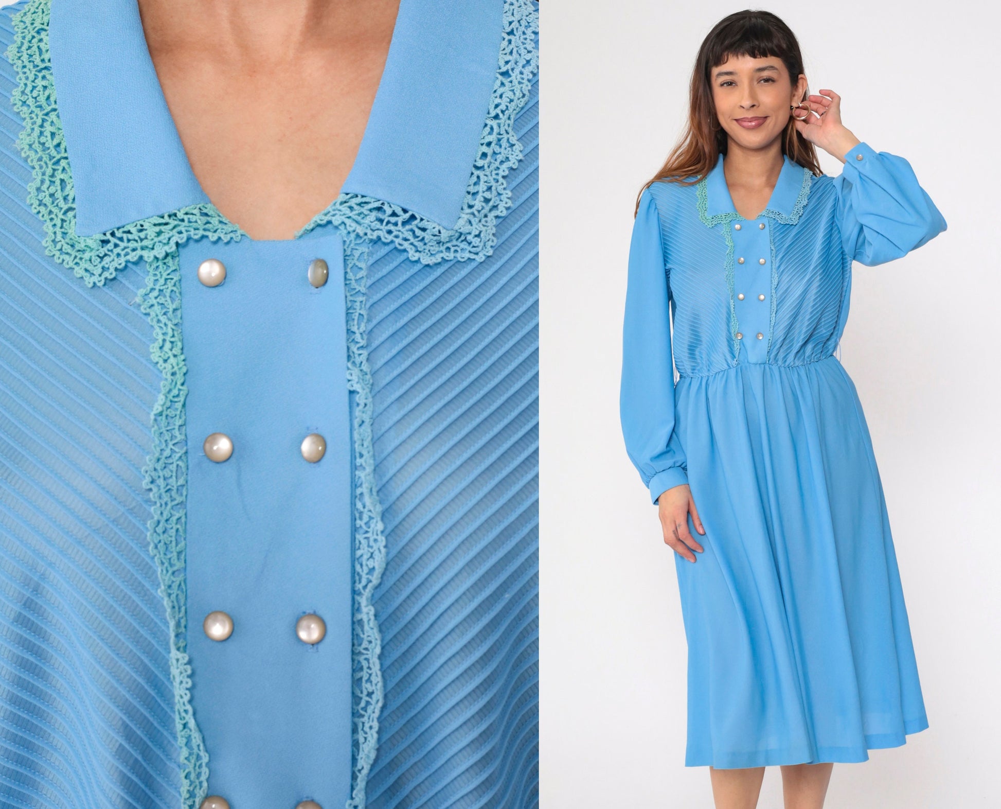 70s Blue Midi Shirtdress Pintuck Lace Trim Puff Sleeve High Waist Medium