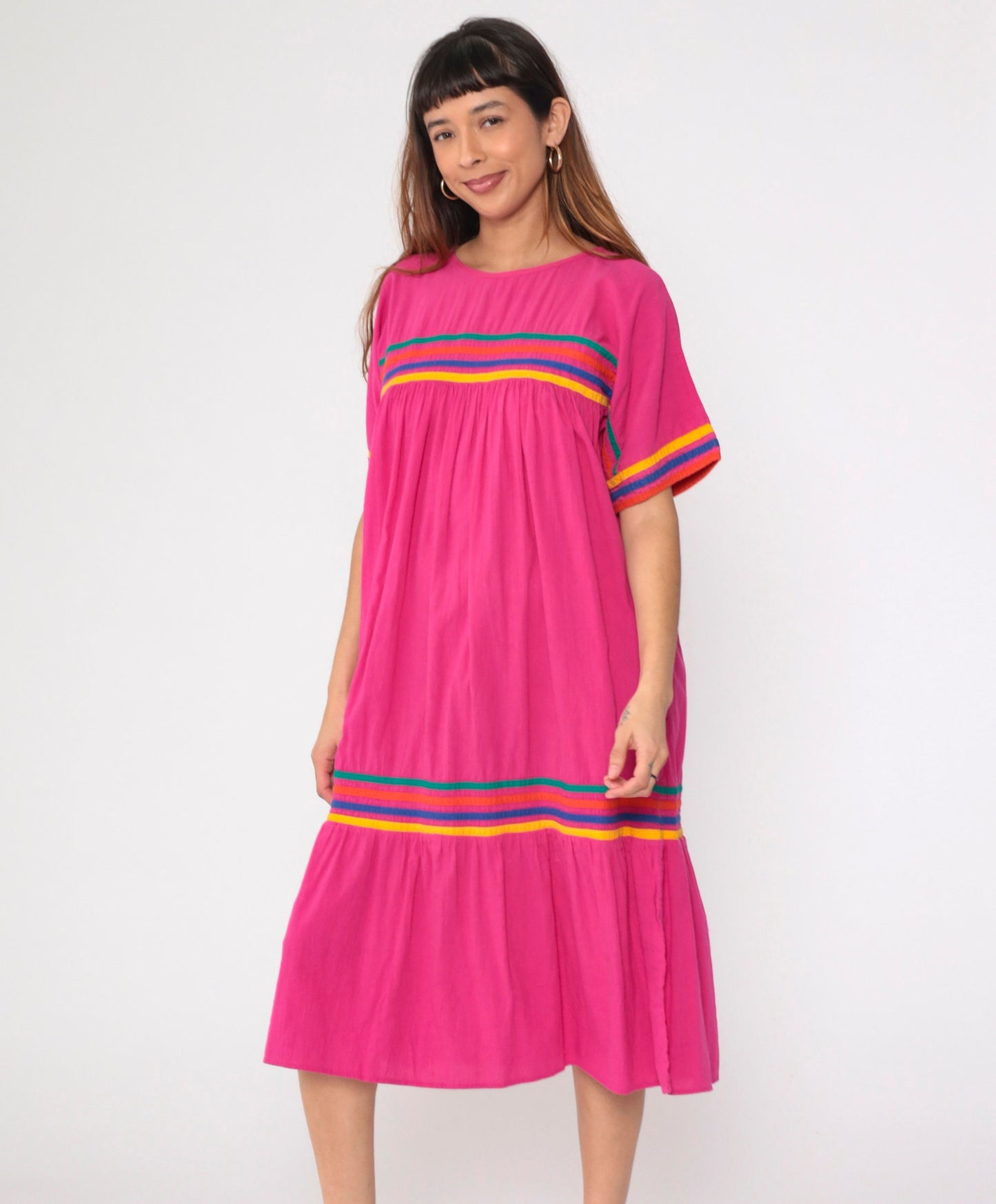 90s Hot Pink Rainbow Striped Cotton Tent Dress Dolman Sleeve Midi Medium