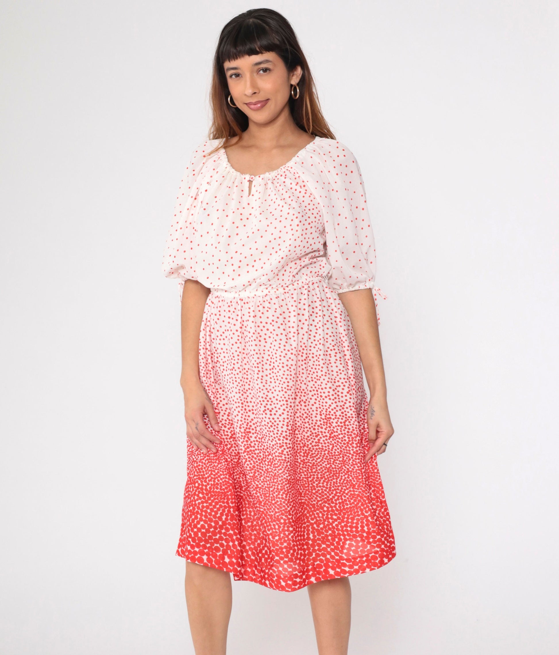 70s Peasant Dress Polka Dot Red White Midi Keyhole Neck Medium