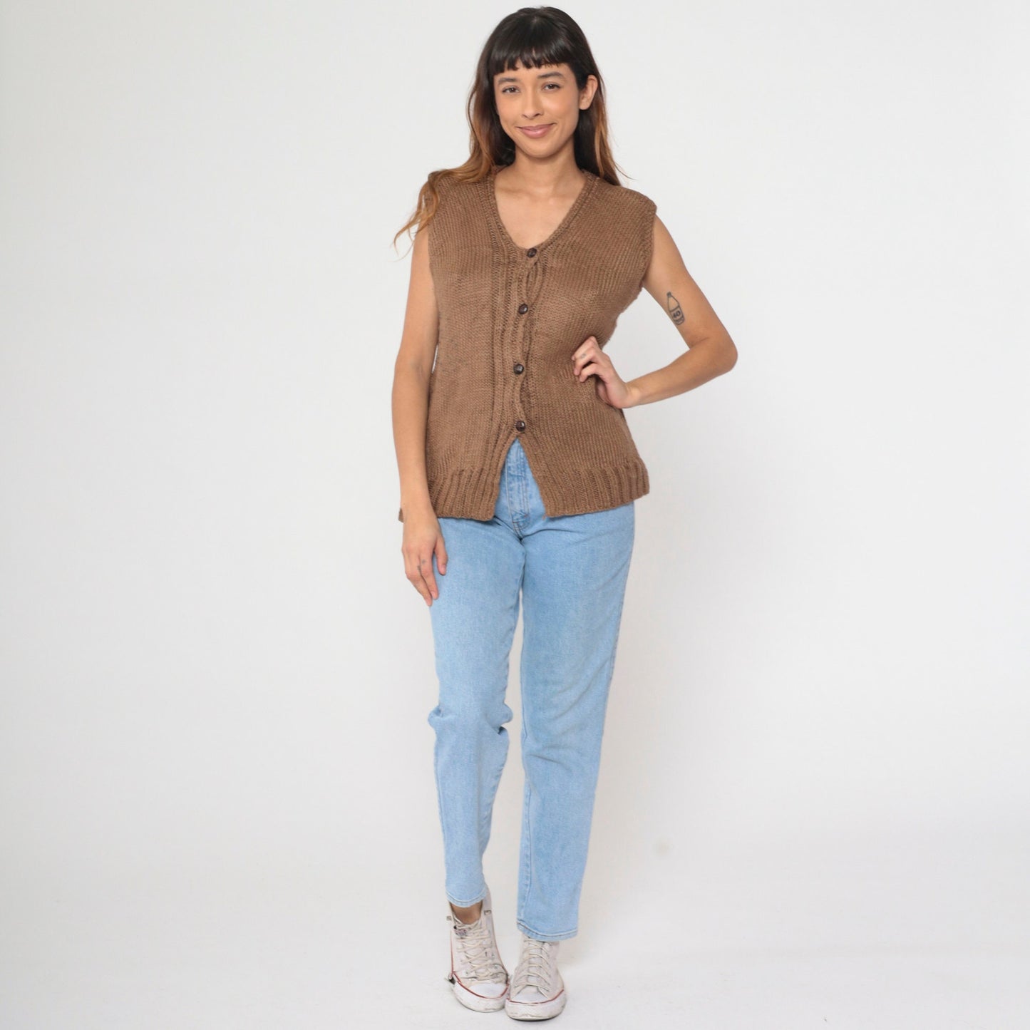 80s Brown Knit Button-Up Vest Medium M