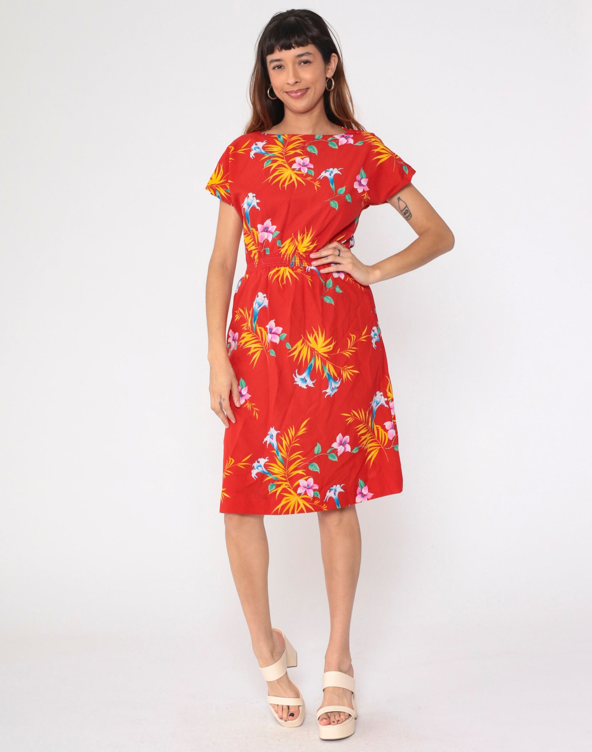 80s Hilo Hatties Tropical Floral Midi Dress Red High Waist Short Sleeve Small Medium