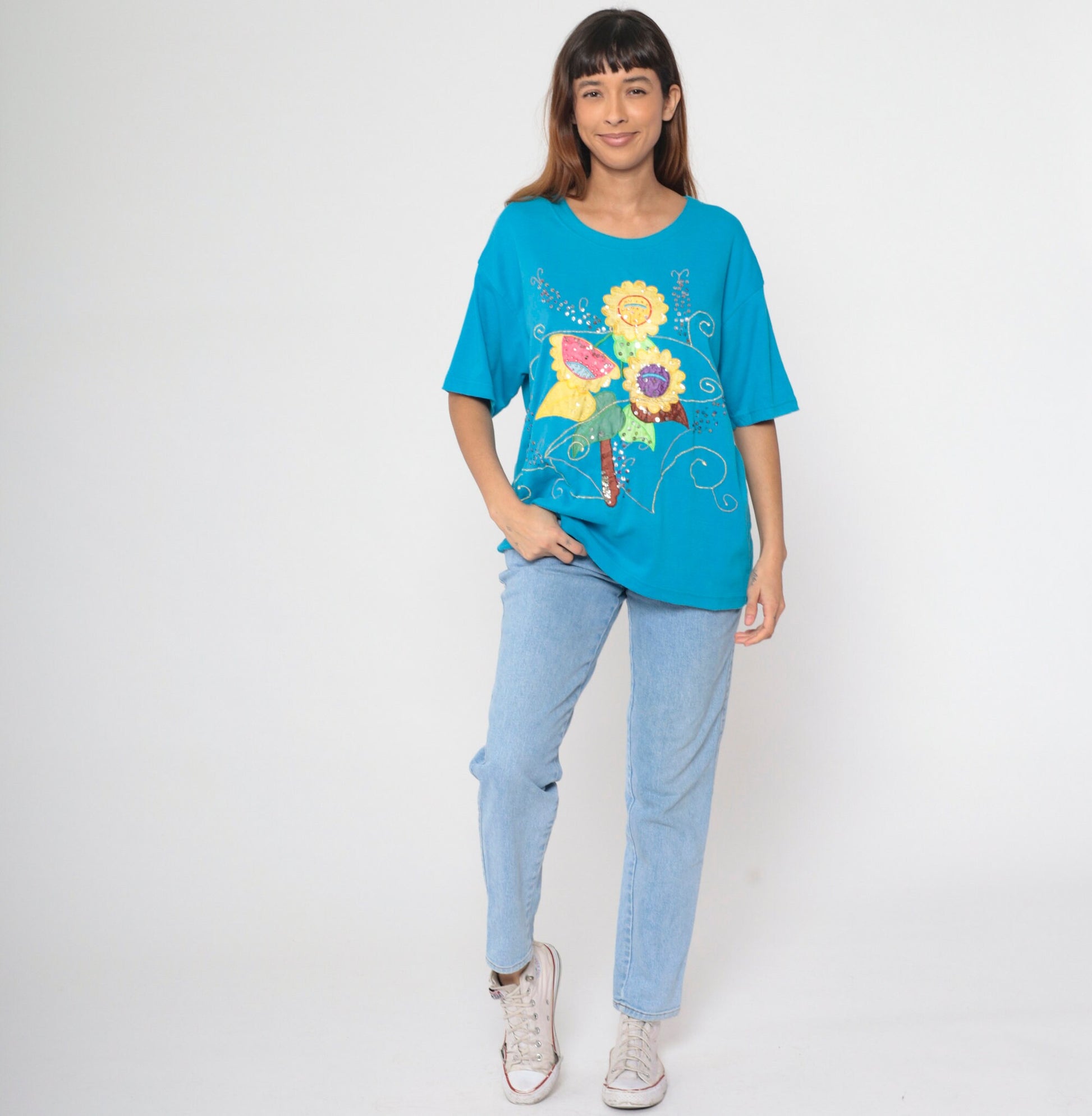 90s Turquoise Floral T-Shirt Sequined Beaded Embroidered Graphic Tee Large