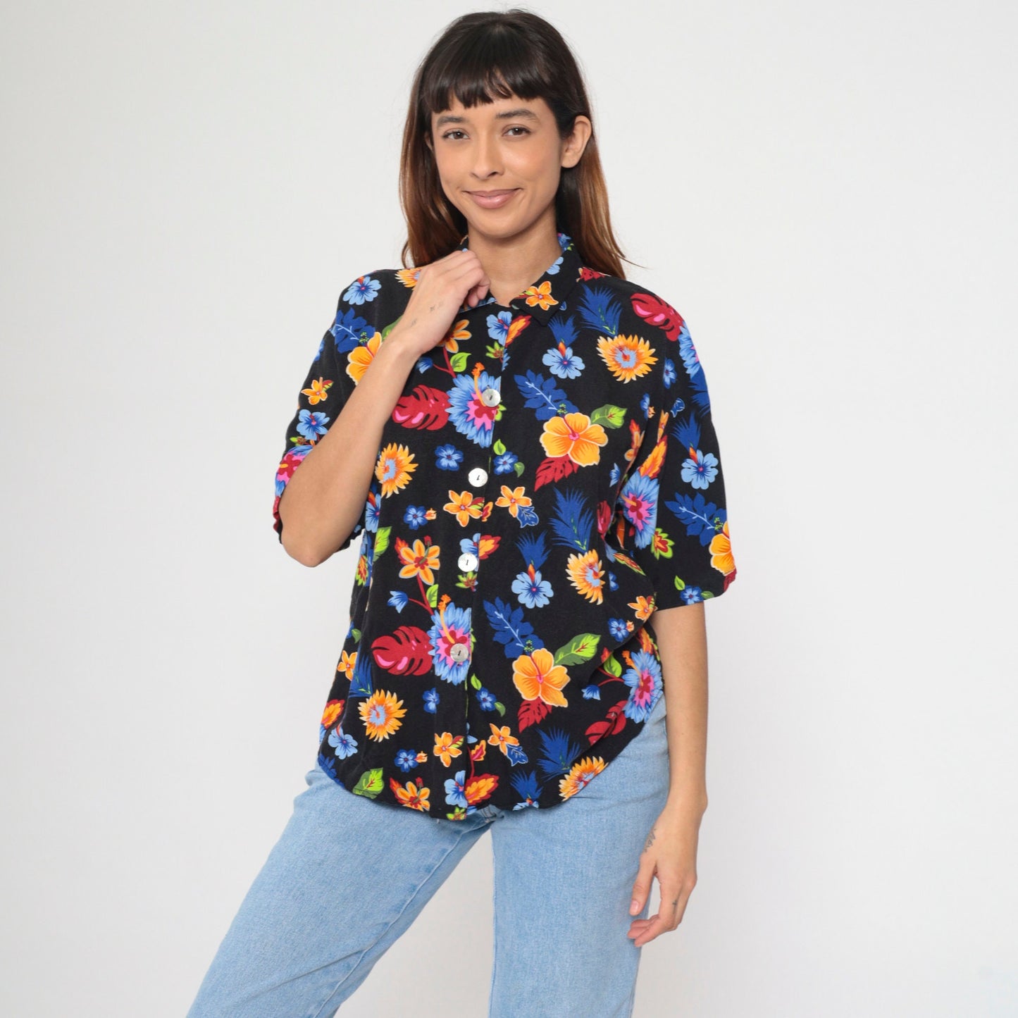 90s Tropical Floral Black Button Up Blouse Short Sleeve Extra Large XXL