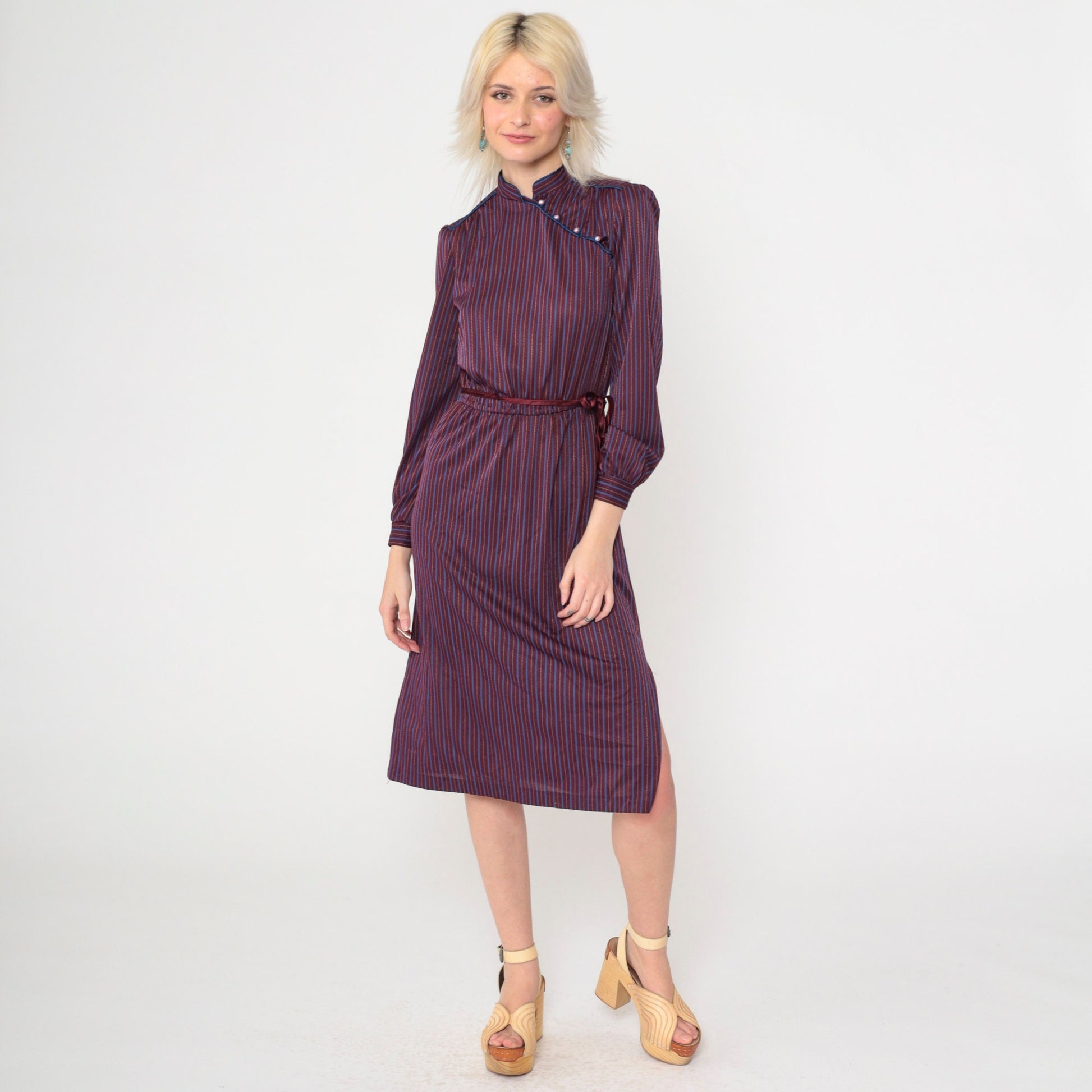 70s Jerri Jee Mandarin Collar Midi Dress Plum Striped Puff Sleeve Extra Small