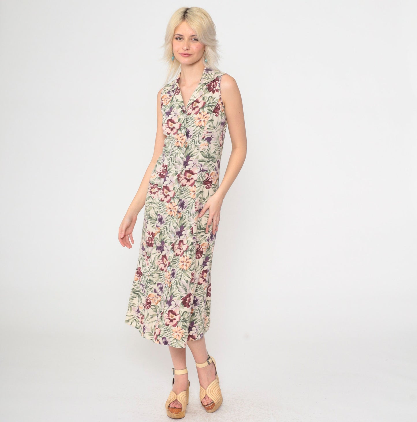 90s Tropical Floral Silk Midi Dress Cream Button-Front Sleeveless Small