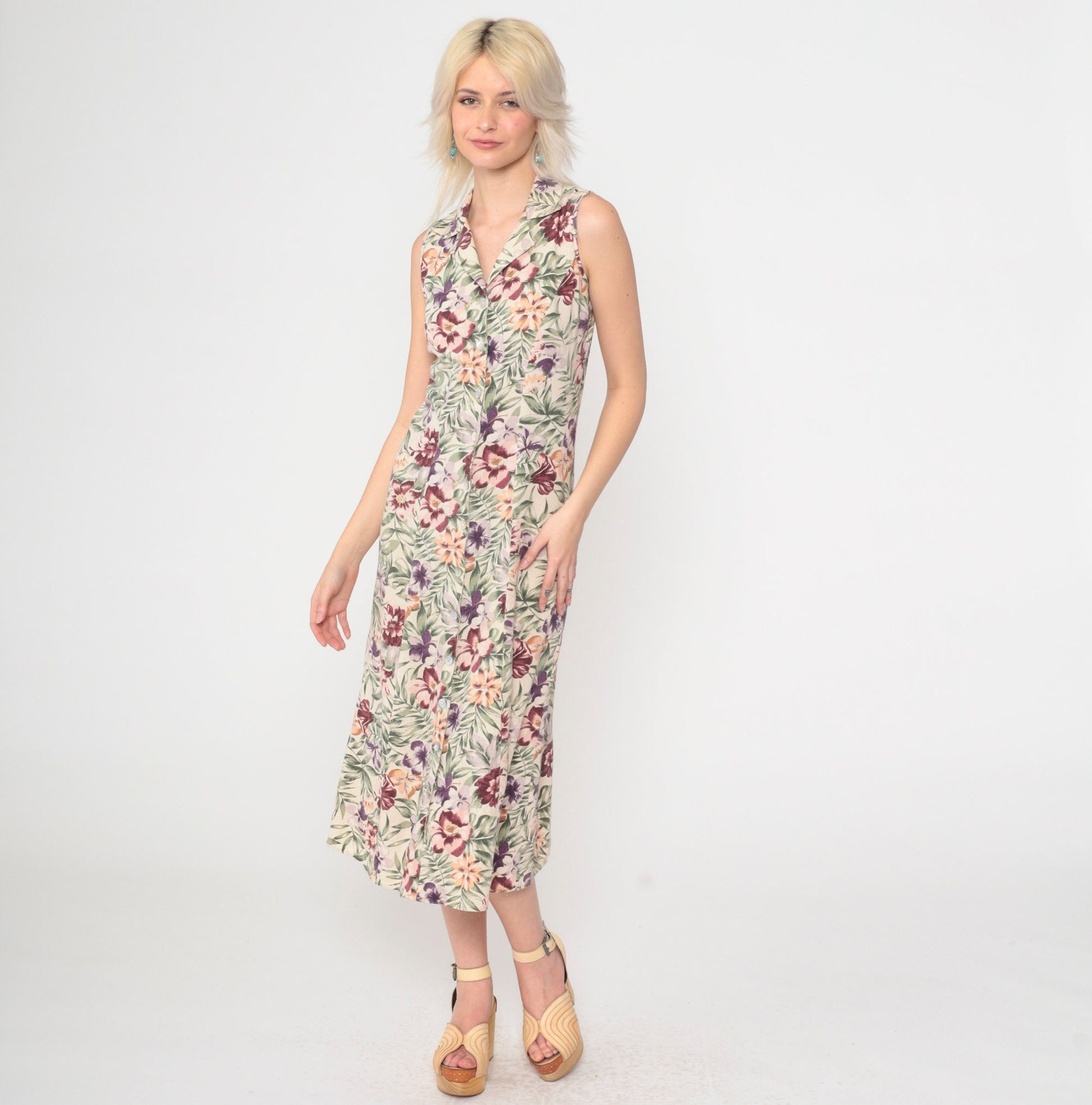 90s Tropical Floral Silk Midi Dress Cream Button-Front Sleeveless Small
