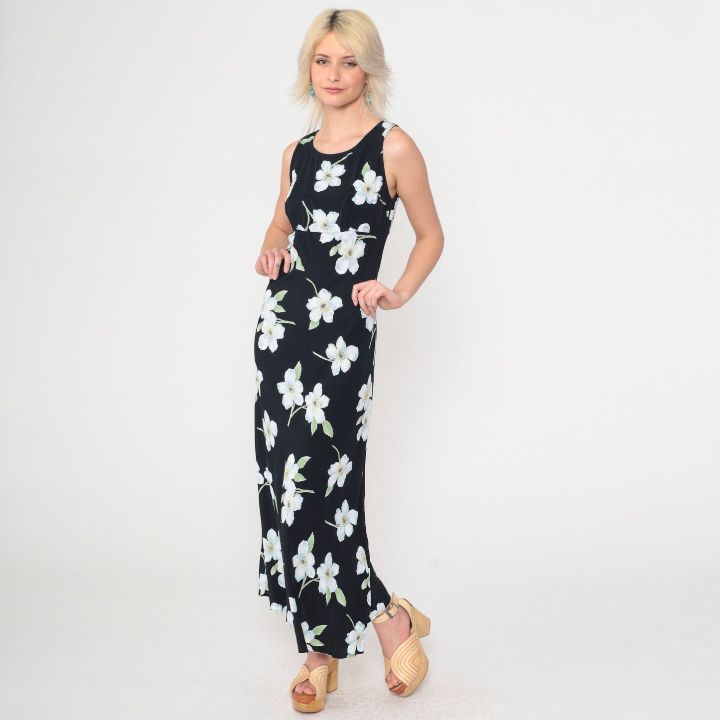 90s All That Jazz Black Floral Maxi Dress Empire Waist Scoop Neck Small