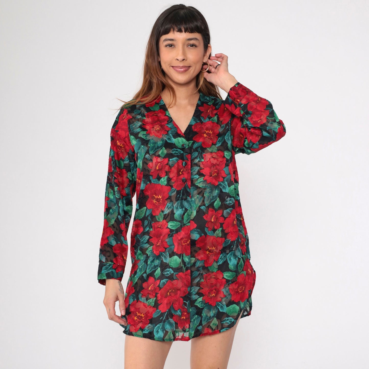 90s Victoria's Secret Floral Burnout Nightgown Long Sleeve Button Up Mini Red Small
