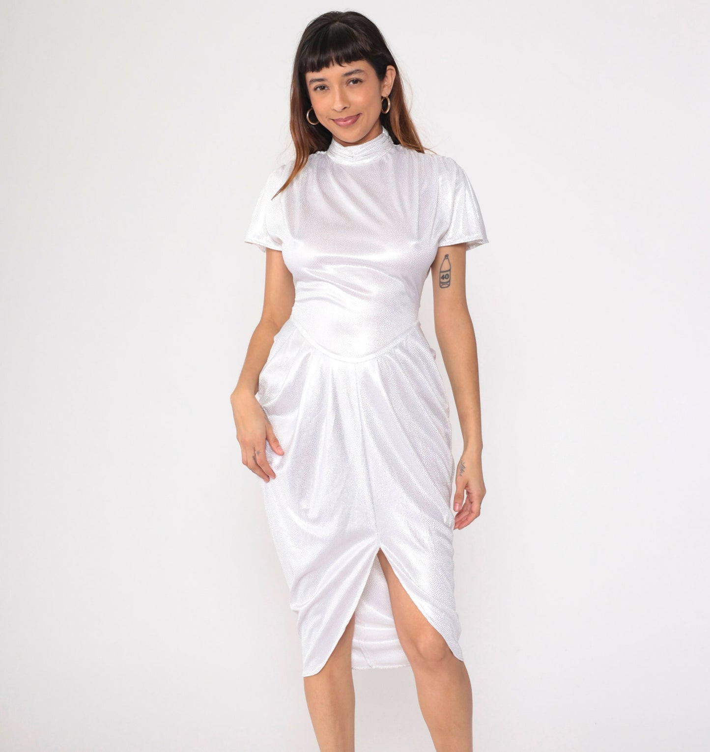 80s White Metallic Polka Dot Midi Dress Mock Neck Flutter Sleeve Small
