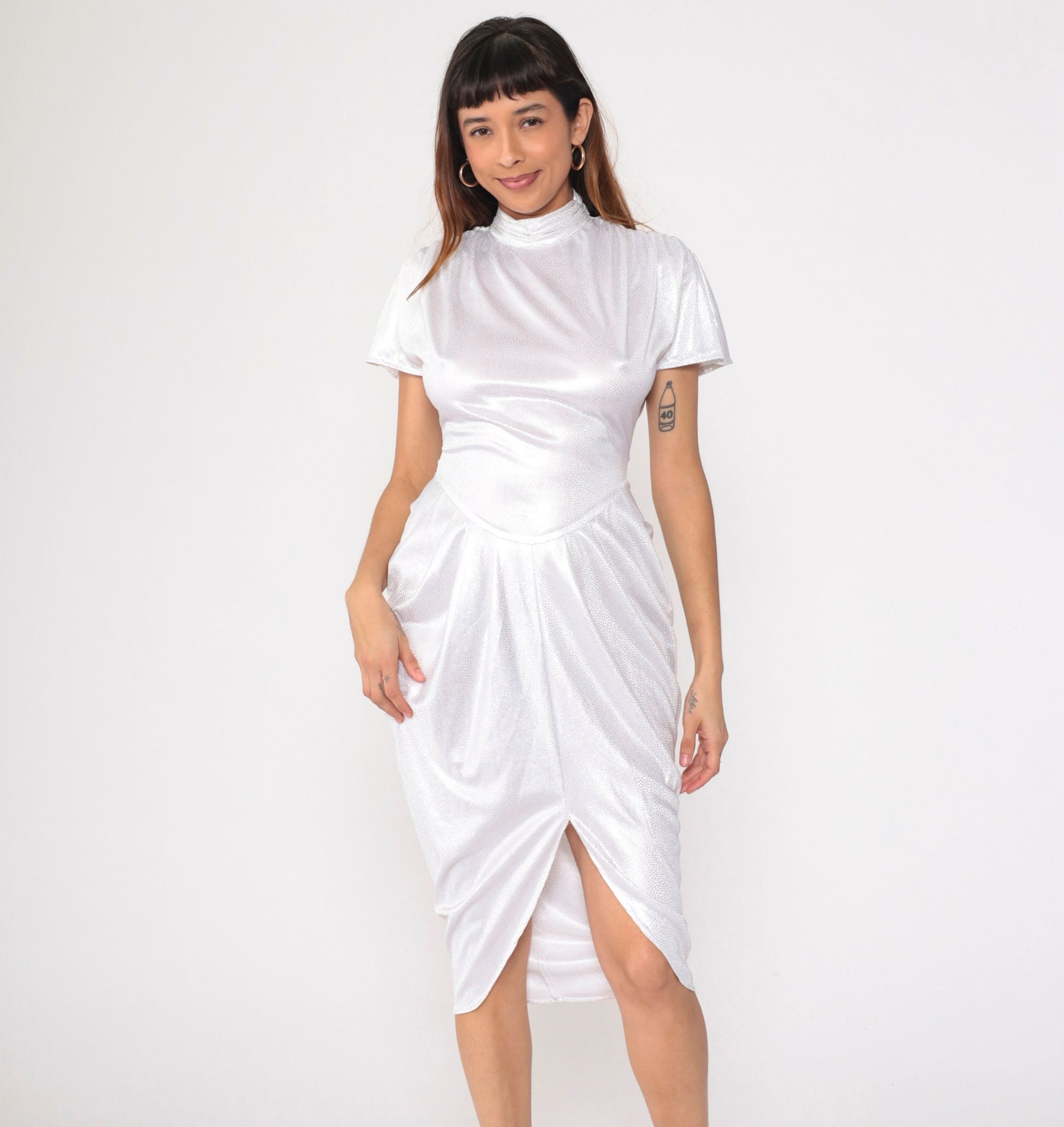 80s White Metallic Polka Dot Midi Dress Mock Neck Flutter Sleeve Small