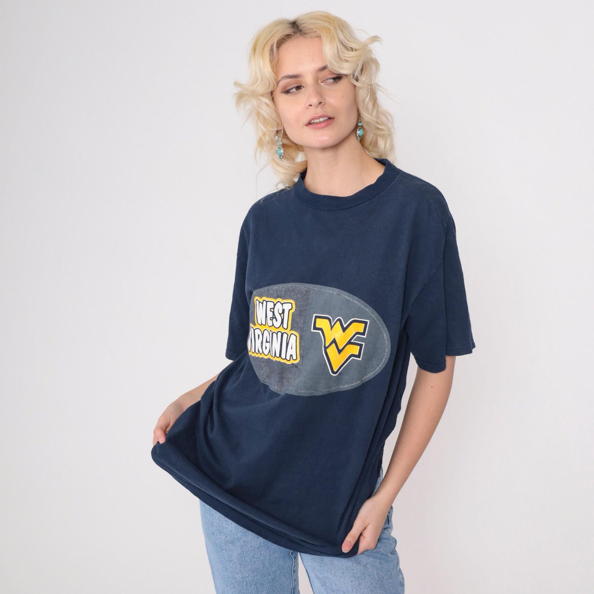 90s West Virginia University Mountaineer Graphic T-Shirt Navy Medium