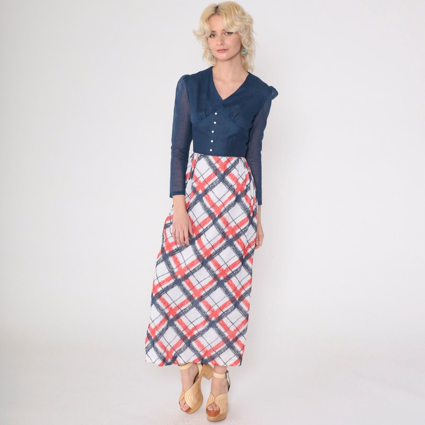70s Checkered Maxi Dress Puff Sleeve High Waist Dark Blue Red White XXS