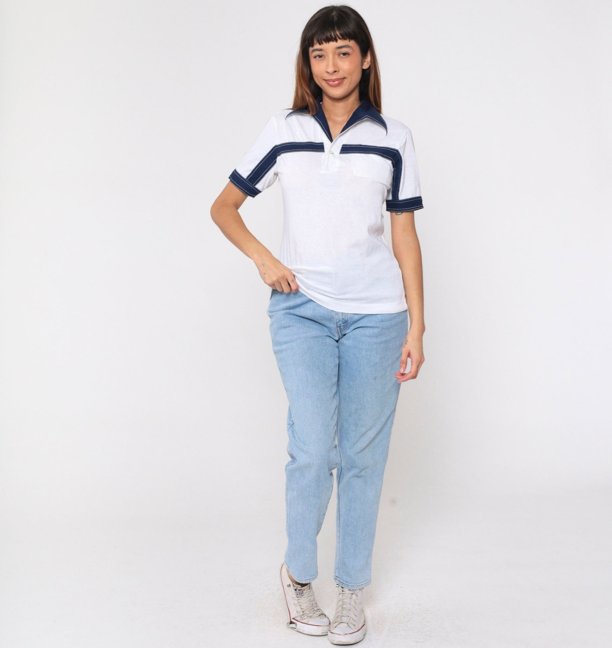 70s Striped Polo Shirt White Navy Blue Dagger Collar Short Sleeve Small