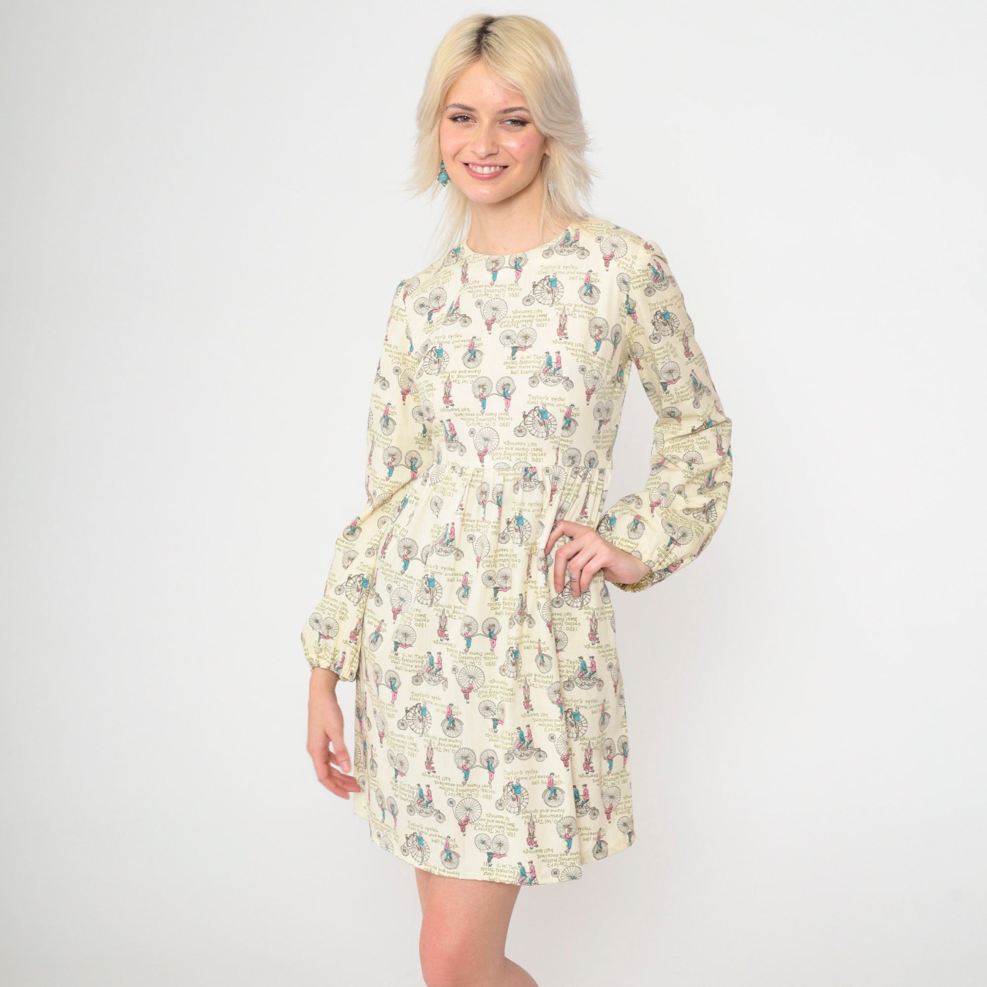 70s Mini Dress Antique Bicycle Print High Waist Long Sleeve Extra Small