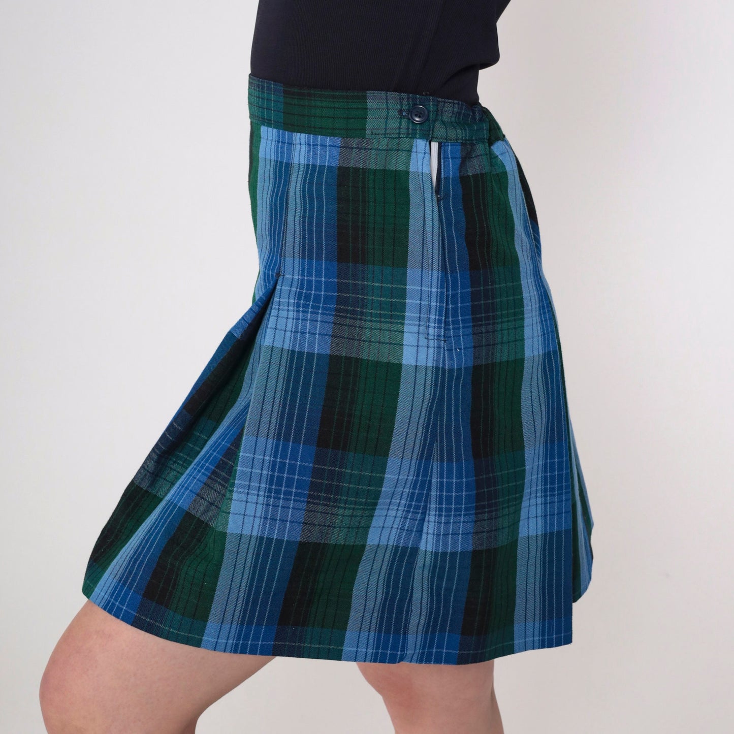 Y2K Plaid Mini Skirt High Waisted Pleated Blue Green Tartan Medium M
