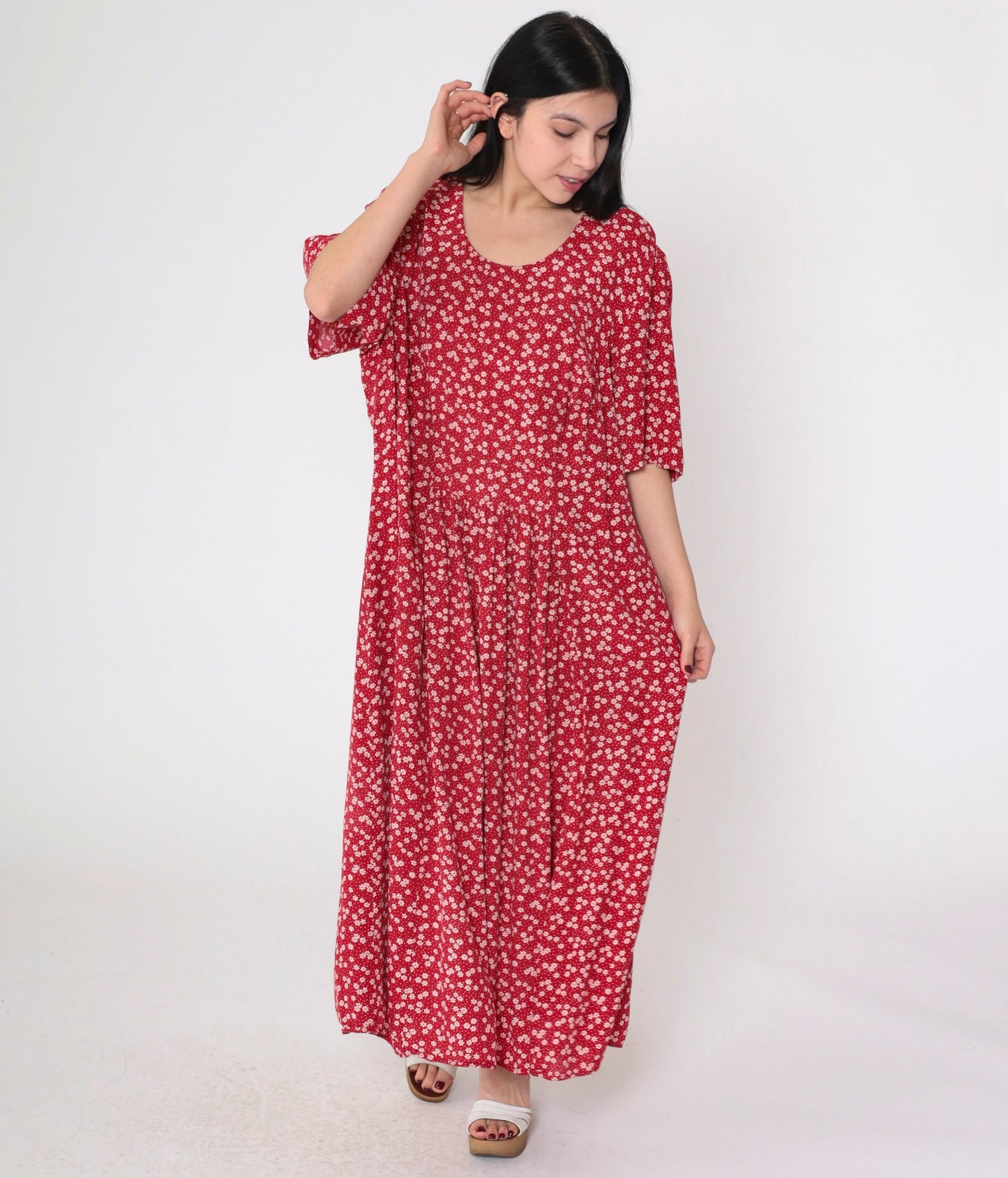 90s More Jazz Red Floral Maxi Dress Puff Sleeve Plus Size XXL