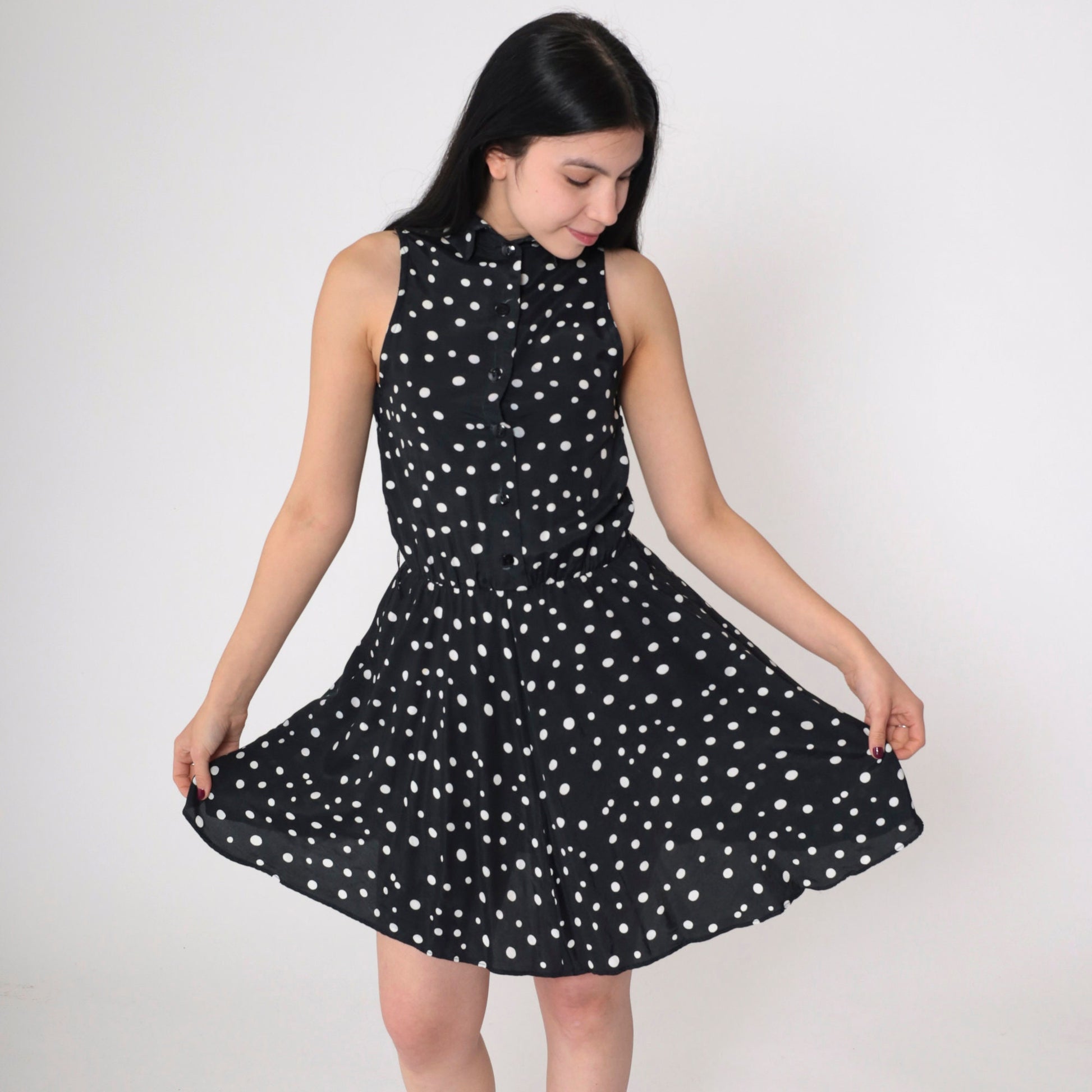 90s Ed Michaels Polka Dot Mini Dress Black White Collared Sleeveless Extra Small