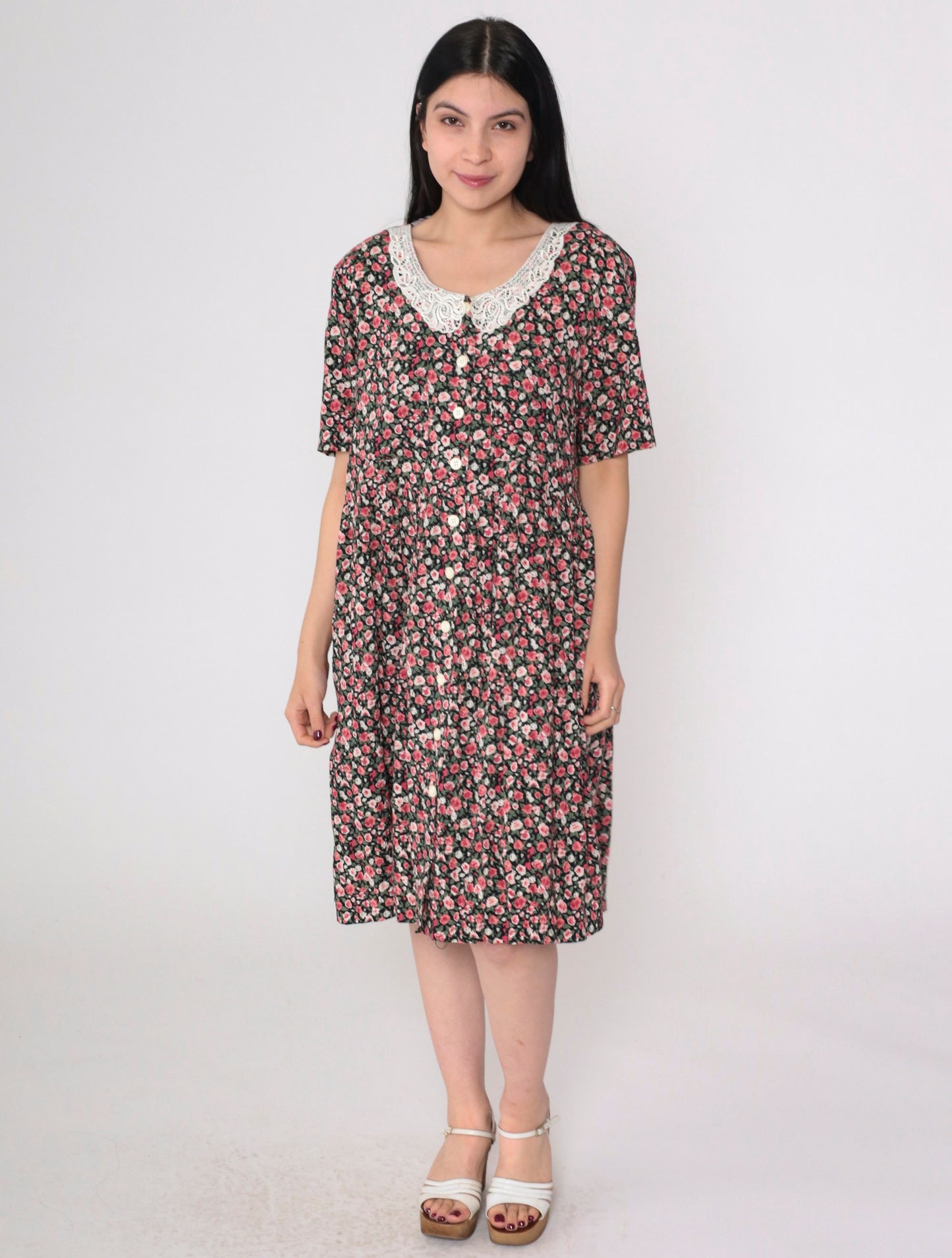 90s Kathie Lee Floral Mini Dress Lace Collar Button-Up Short Sleeve Medium