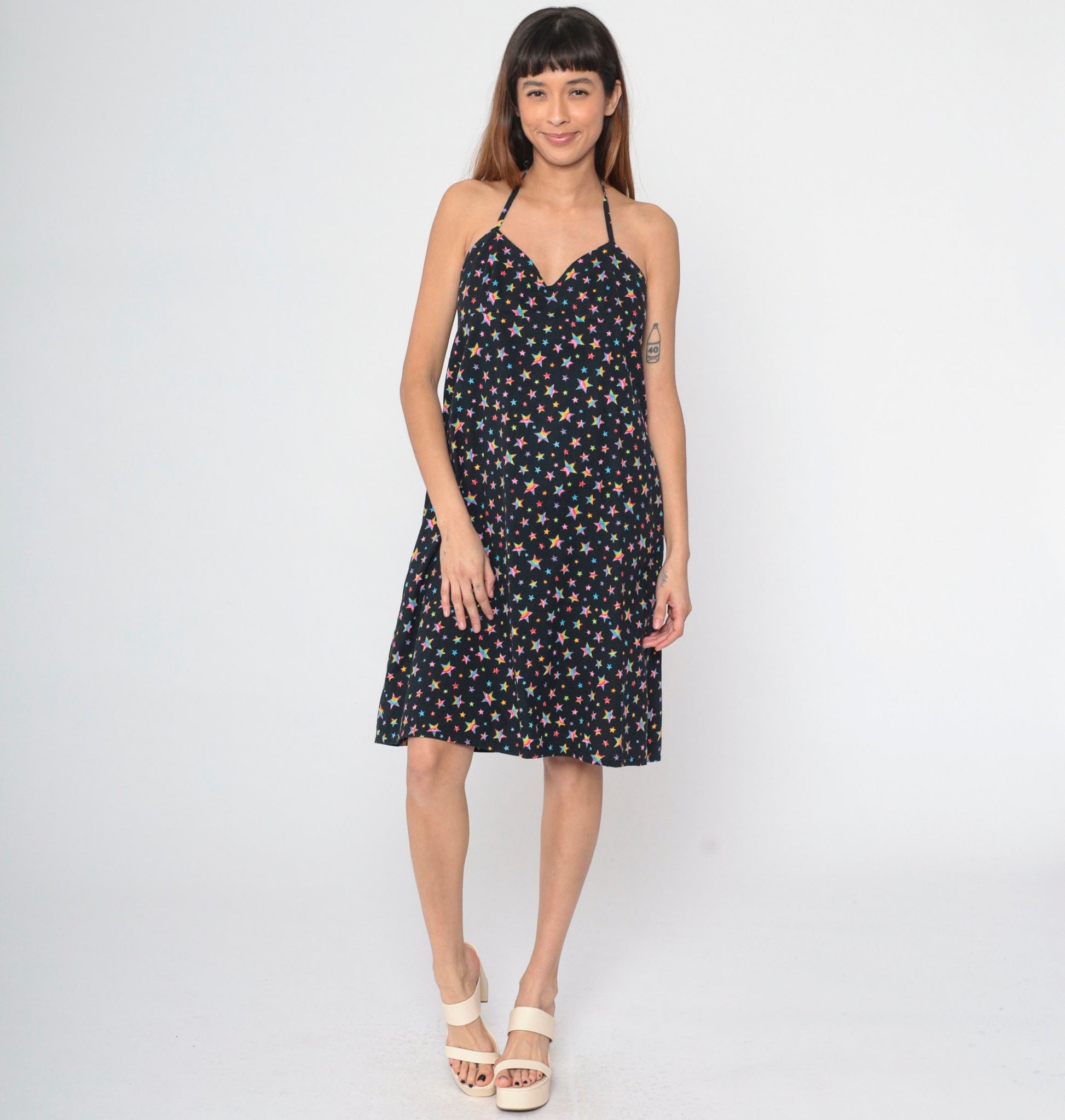 Y2K Black Rainbow Star Print Halter Midi Dress Empire Waist Sleeveless Medium