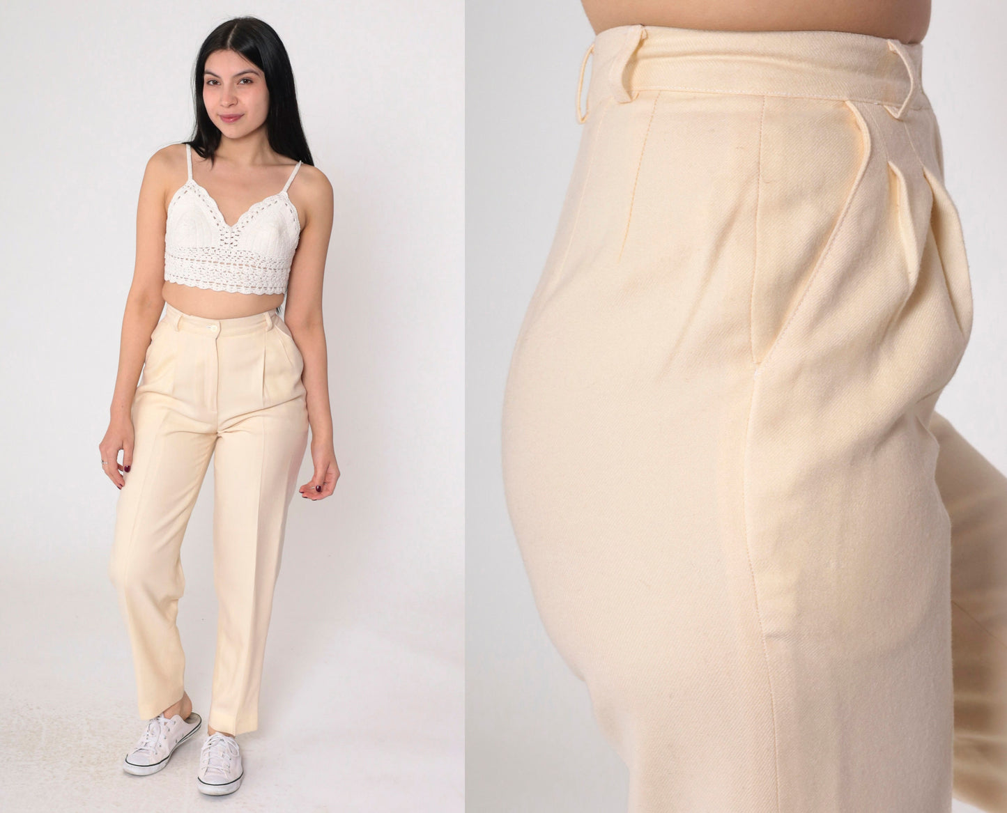 80s Jennifer Moore Cream Wool Pleated Trousers High Waisted Tapered Extra Small