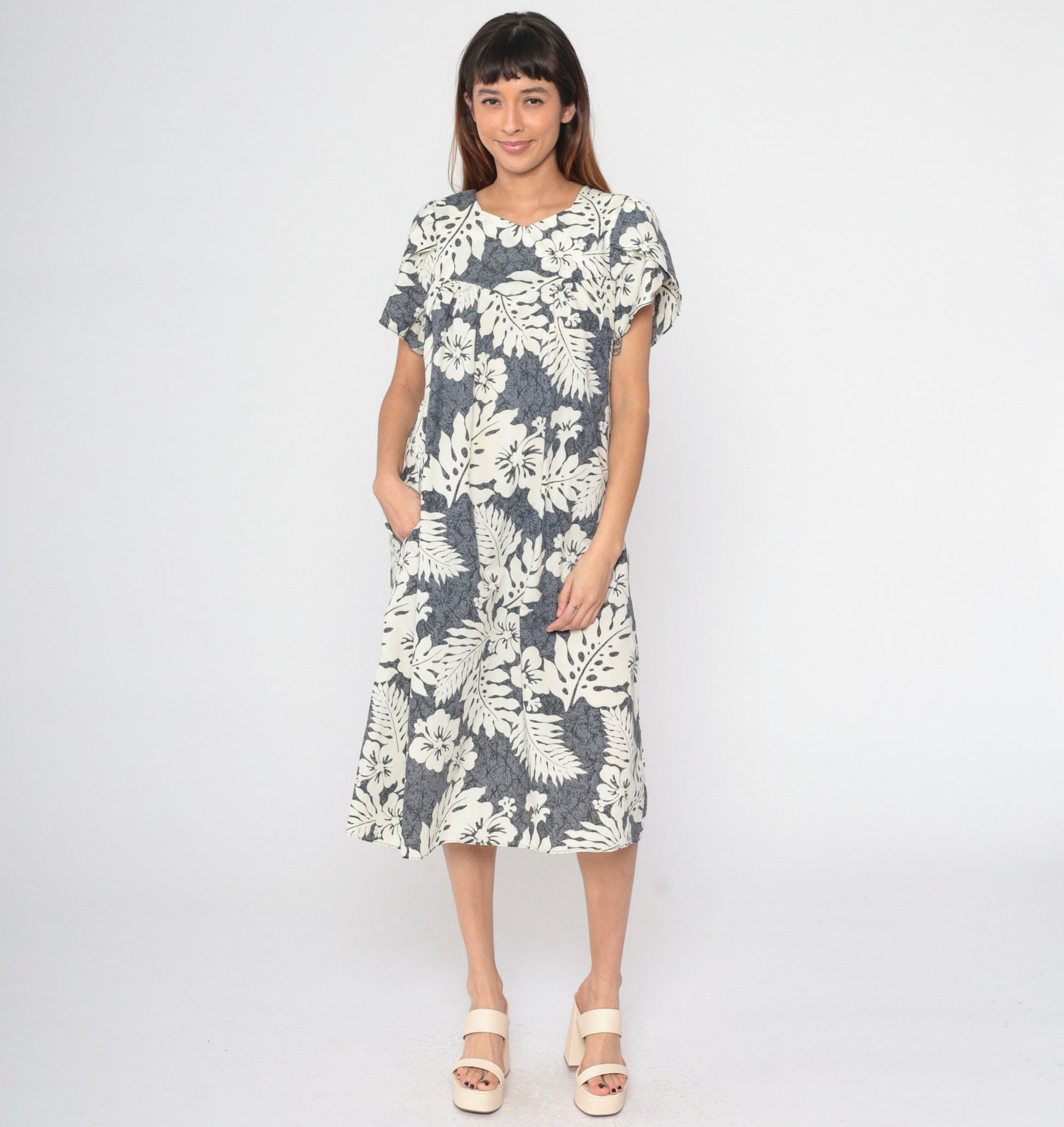 80s Hawaiian Floral Grey Midi Tent Dress Hibiscus Print Medium