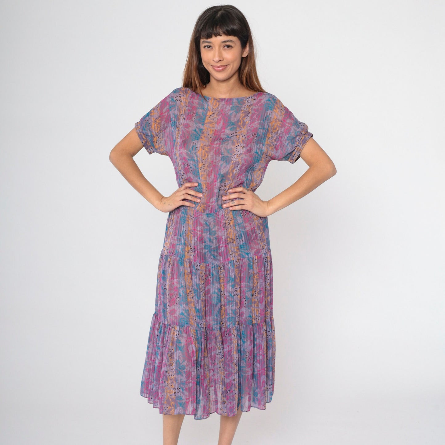 80s Floral Abstract Striped Midi Dress Drop Waist Tiered Short Sleeve Purple Small