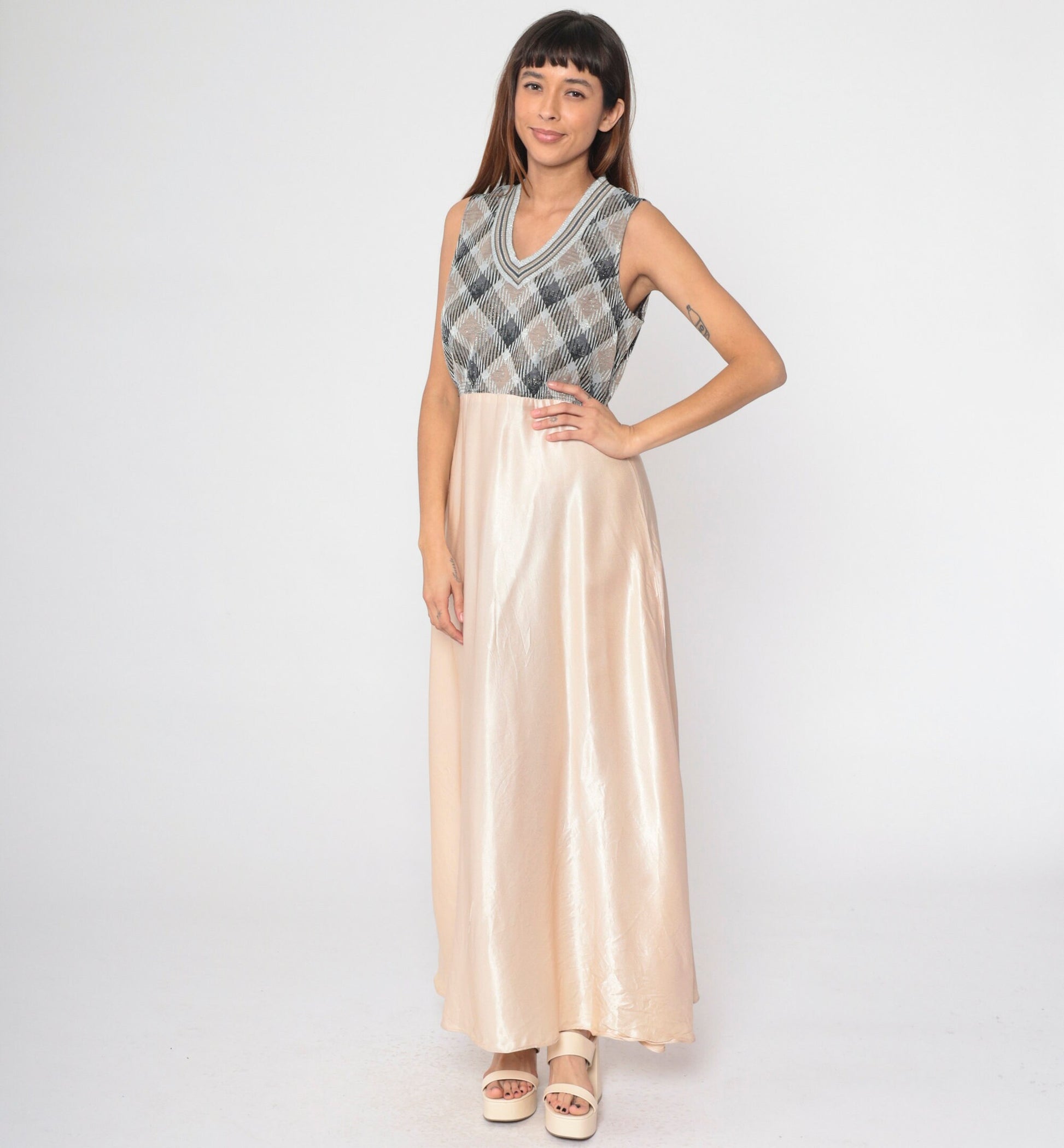 70s Metallic Checkered Maxi Dress Silver Champagne V Neck Sleeveless Medium