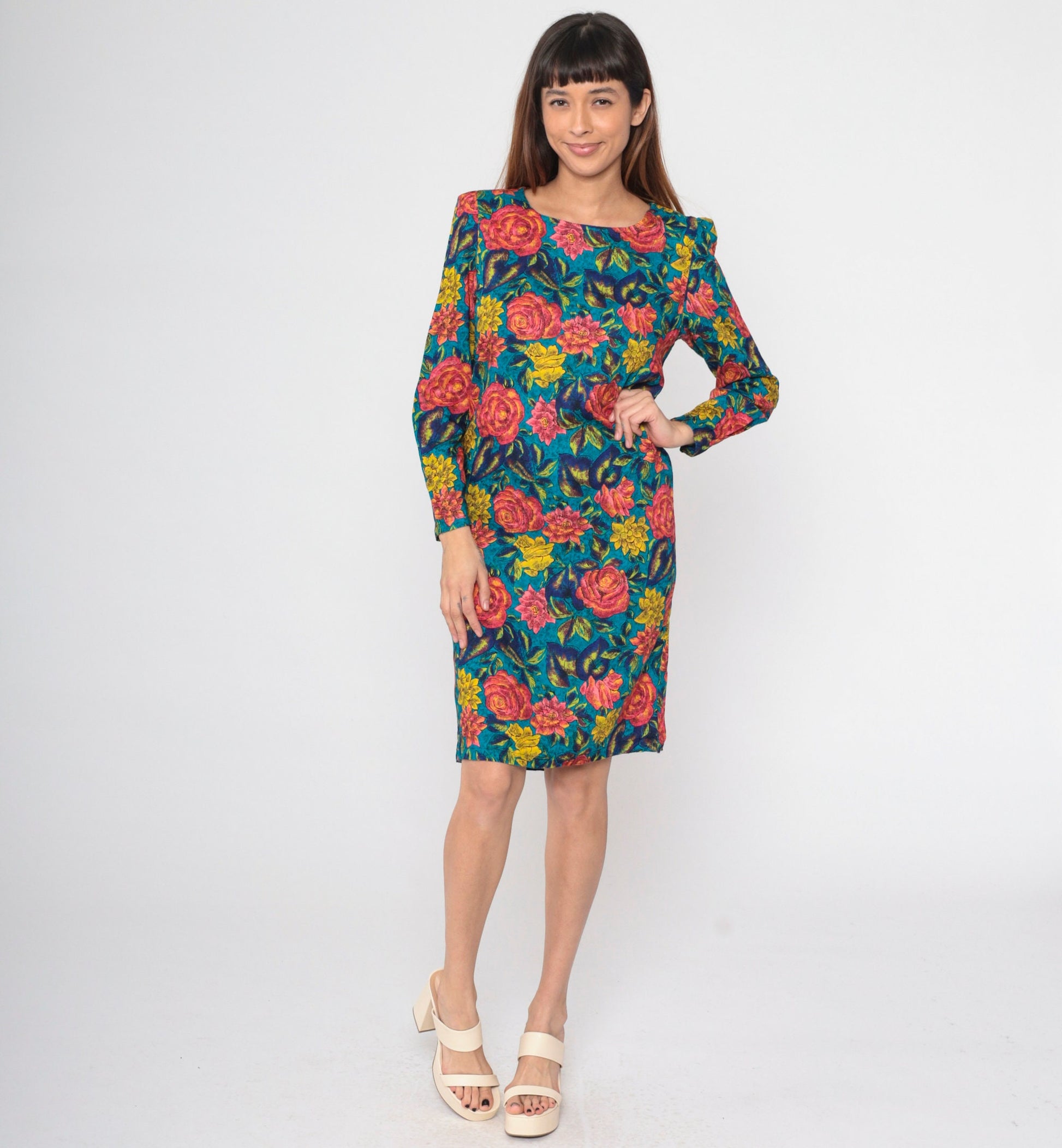 80s Floral Rose Print Midi Dress Puff Sleeve Sheath Pink Blue Small