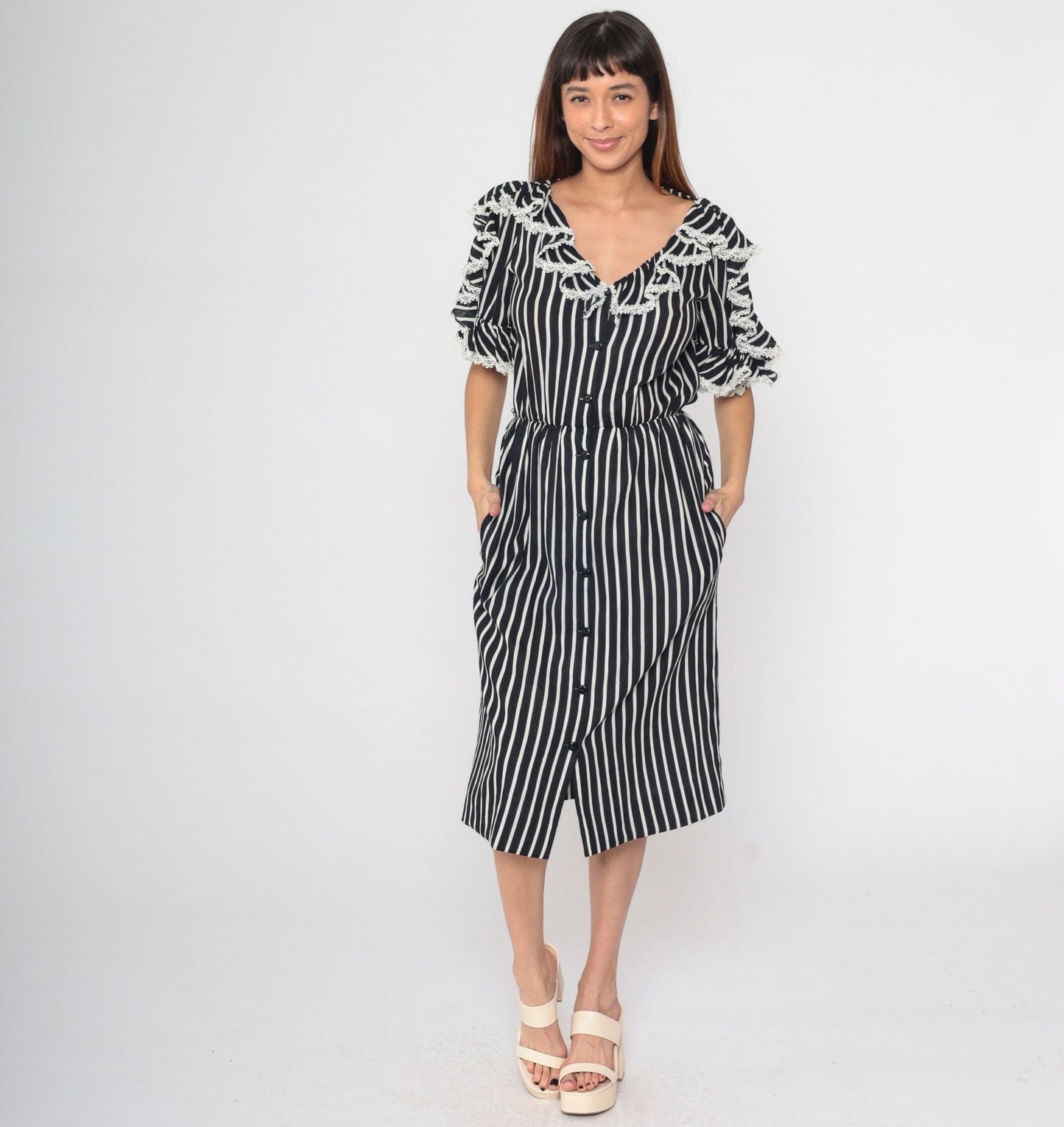 70s Mollie Parnis Black White Striped Midi Dress Button Up Lace Ruffle Small