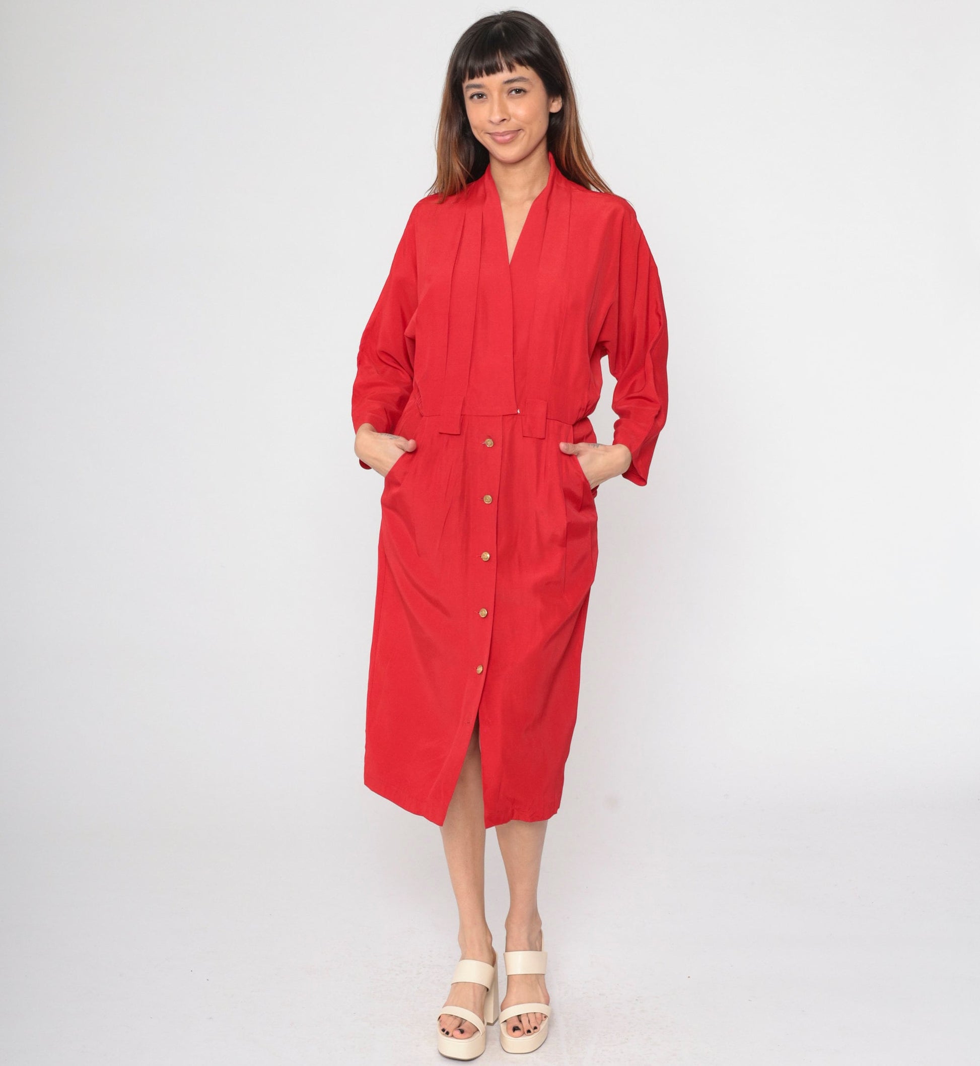 90s Red Button-Up Midi Dress Dolman Sleeve High Waist Faux Wrap Small 6