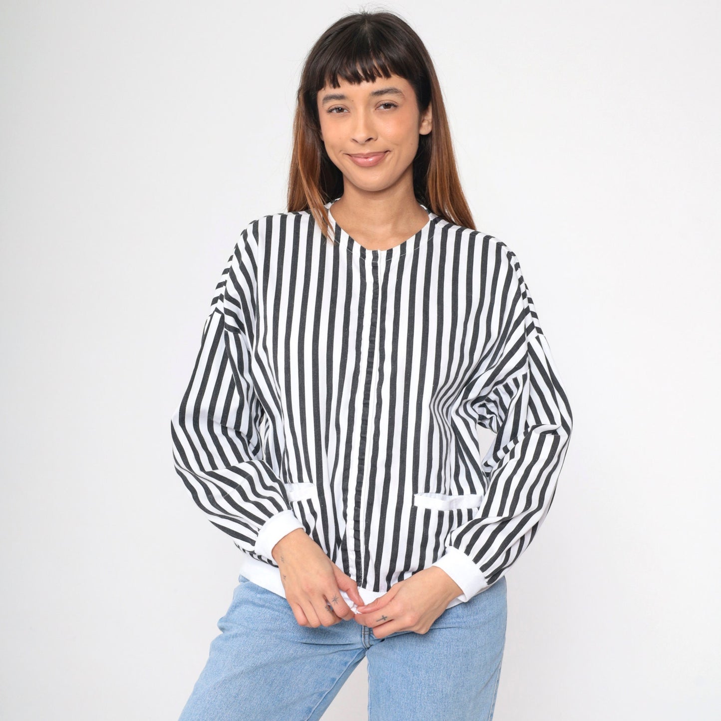 80s Black White Striped Cotton Shacket Hidden Snap Jacket Medium
