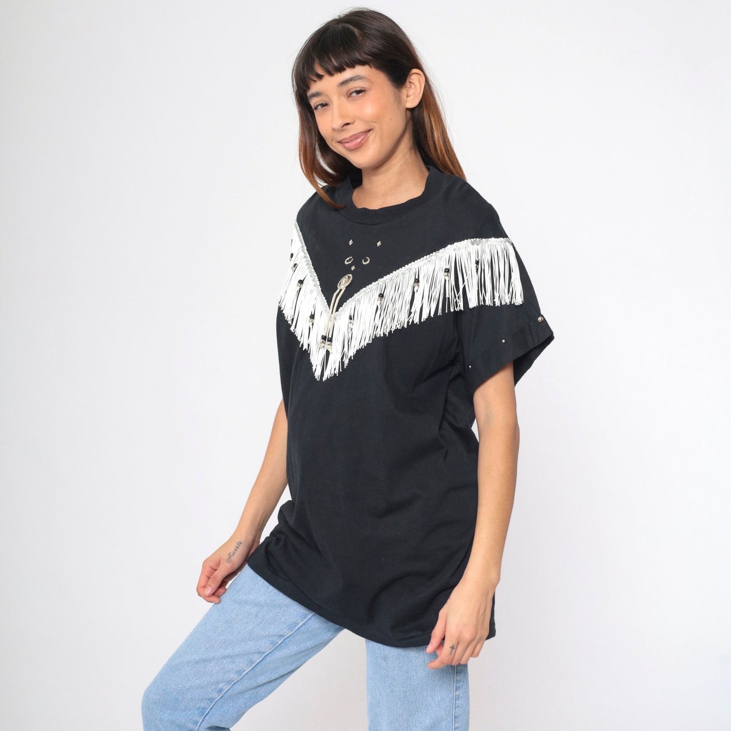 90s Southwest Fringe T-Shirt Black Studded Horseshoe Concho Cotton Medium