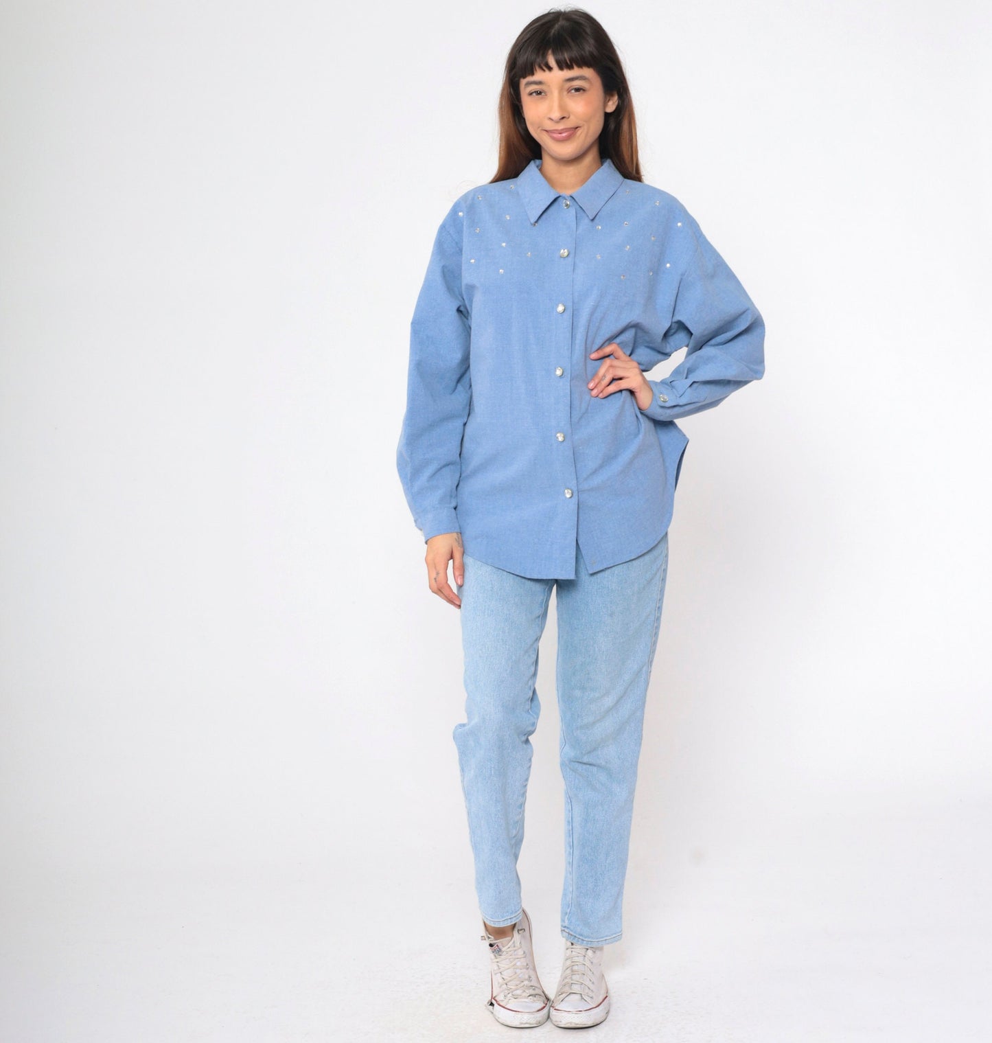 90s Blue Chambray Blouse Rhinestone Studs Long Sleeve Collared Shirt Large