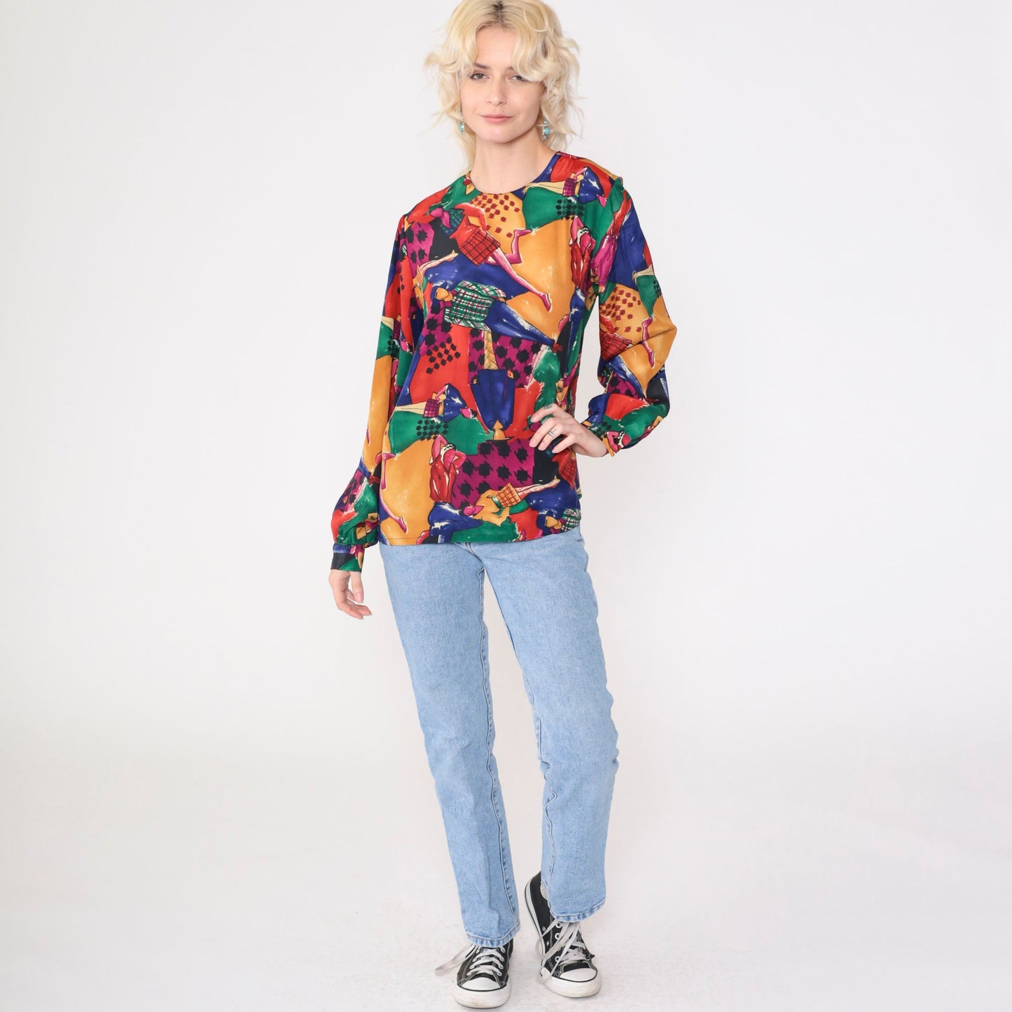 90s Checkered Runway Model Print Blouse Multicolor Long Sleeve Large