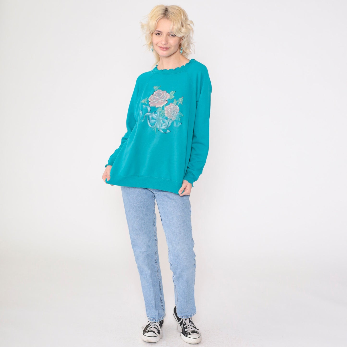 90s Hanes Her Way Turquoise Floral Glitter Sweatshirt Lettuce Edge Medium