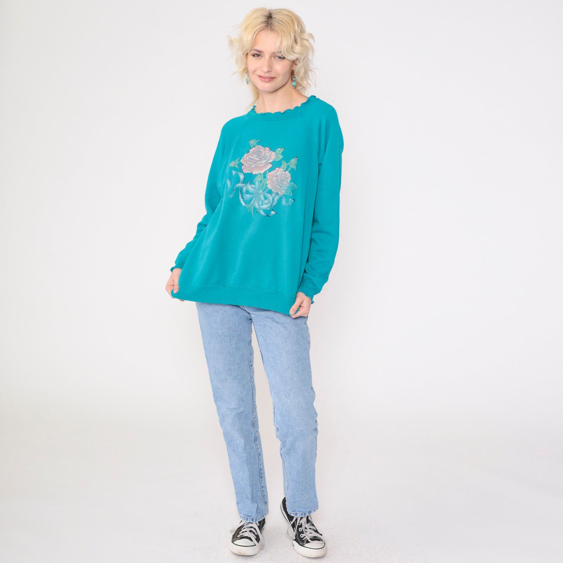 90s Hanes Her Way Turquoise Floral Glitter Sweatshirt Lettuce Edge Medium