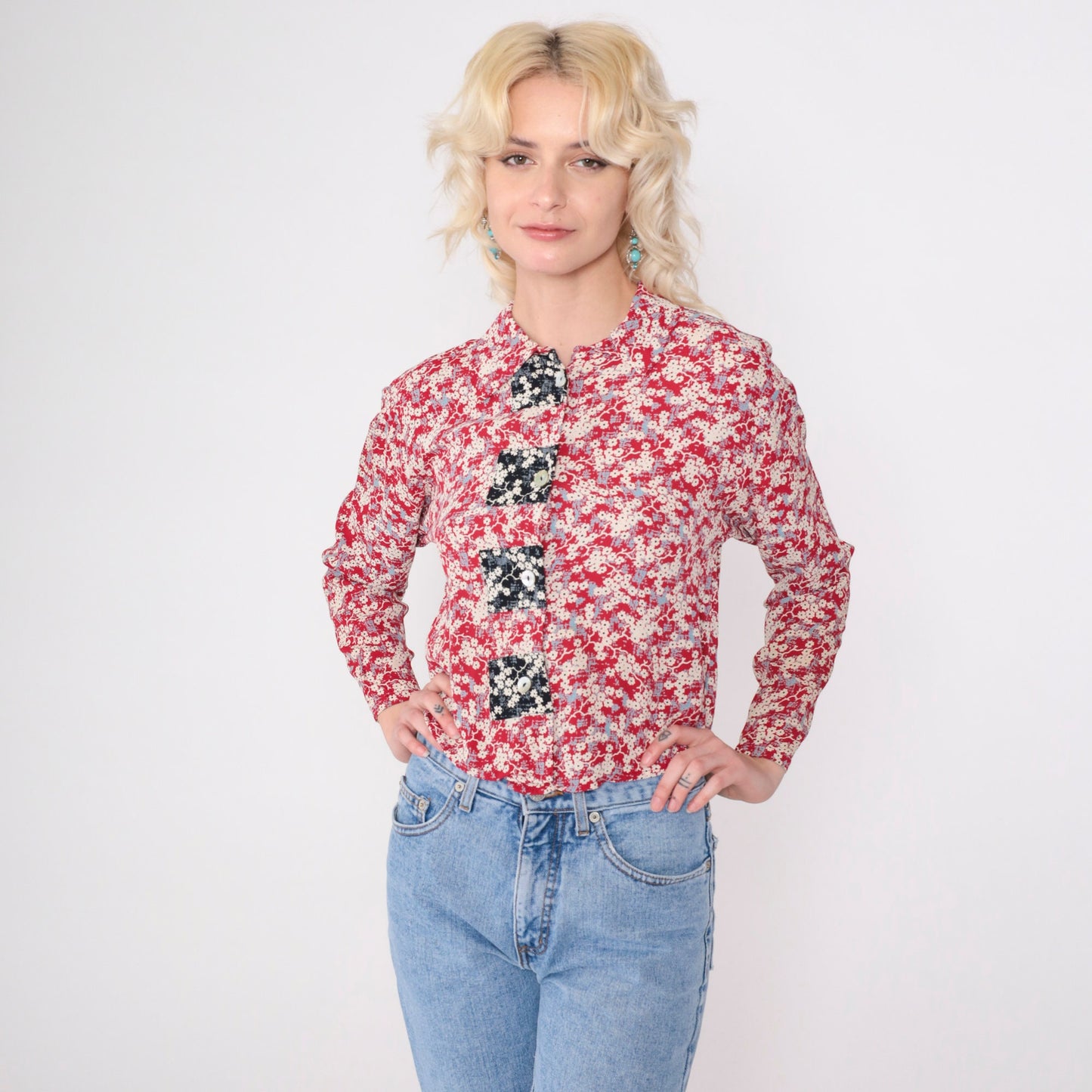 90s Red Floral Cherry Blossom Button-Up Blouse Long Sleeve Collared Small