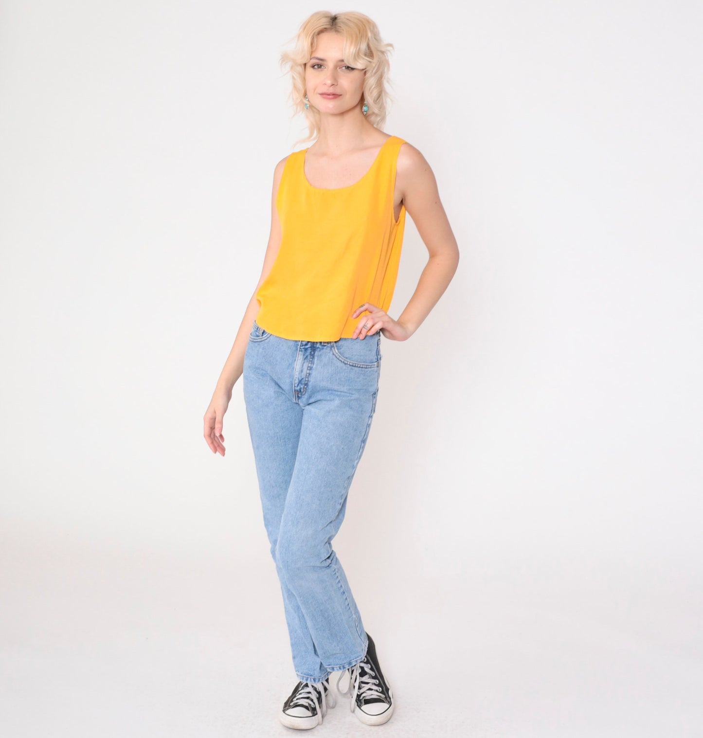 90s Marigold Yellow Scoop Neck Tank Top Rayon Small S