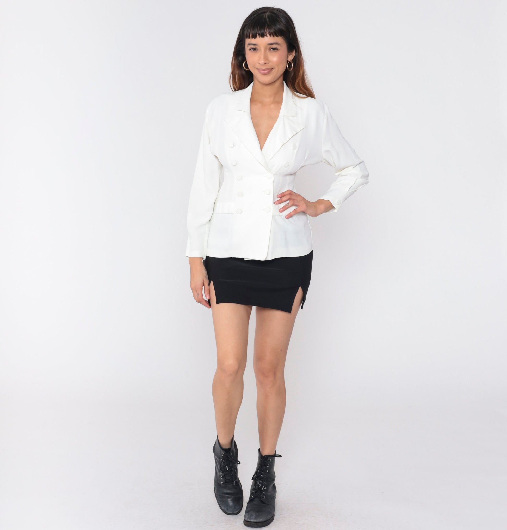 90s White Double Breasted Blazer Peak Lapel Princess Seam Small S