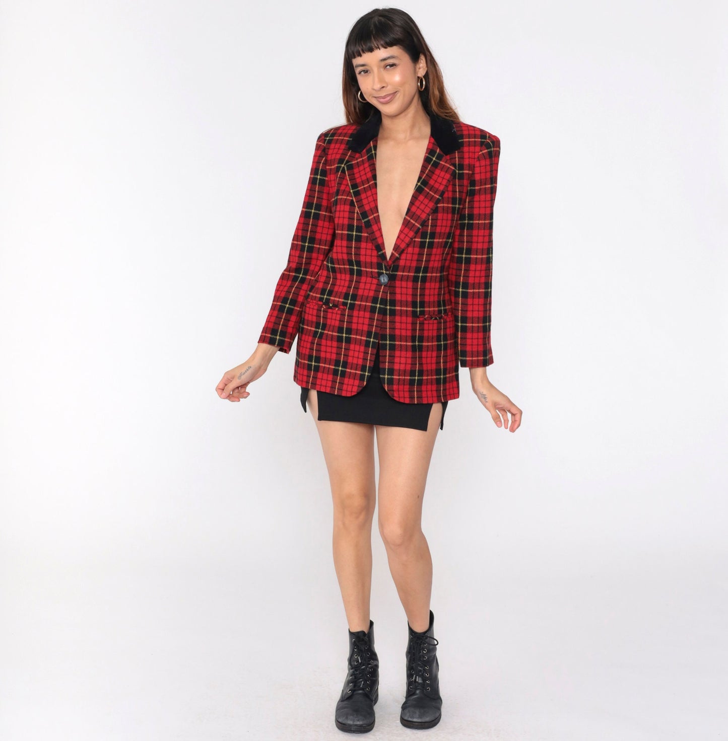 90s Red Plaid Wool Blazer Black Velvet Collar Button-Up Jacket Medium Petite