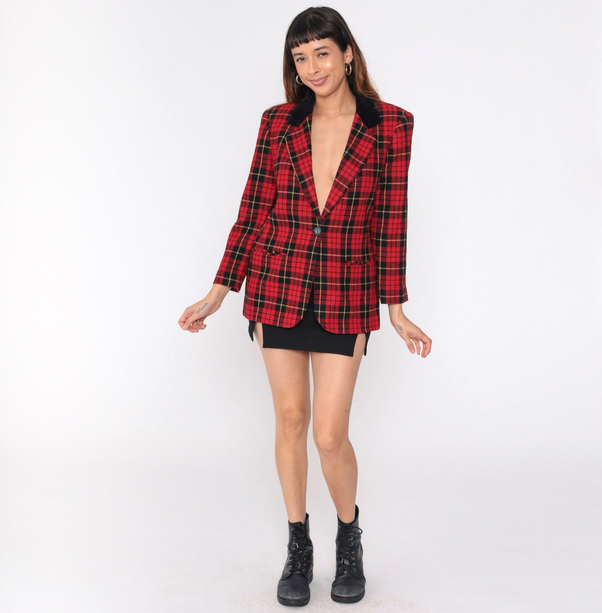 90s Red Plaid Wool Blazer Black Velvet Collar Button-Up Jacket Medium Petite