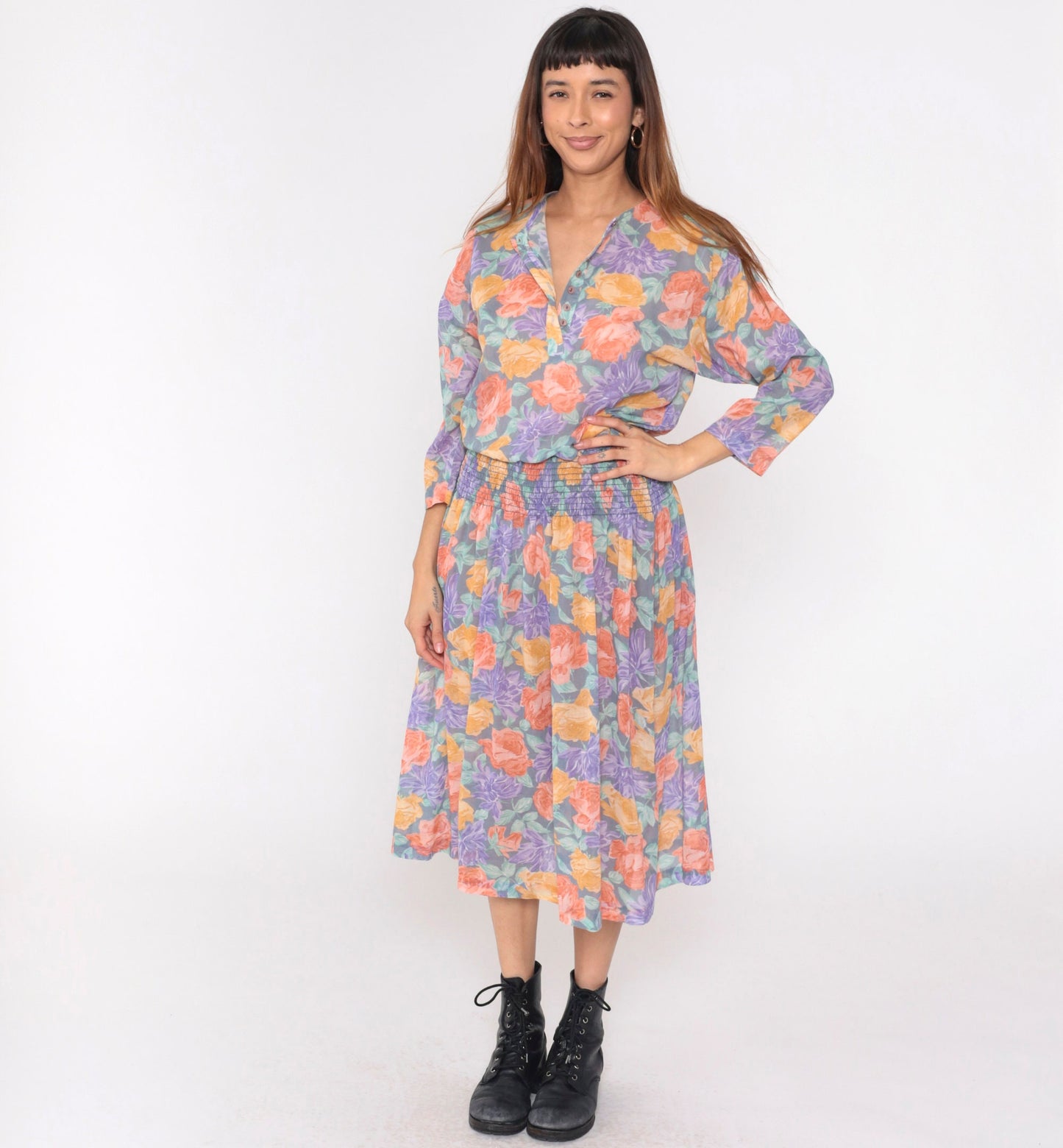 80s Starlo Fashions Floral Midi Dress Smocked Waist Henley Neckline Medium